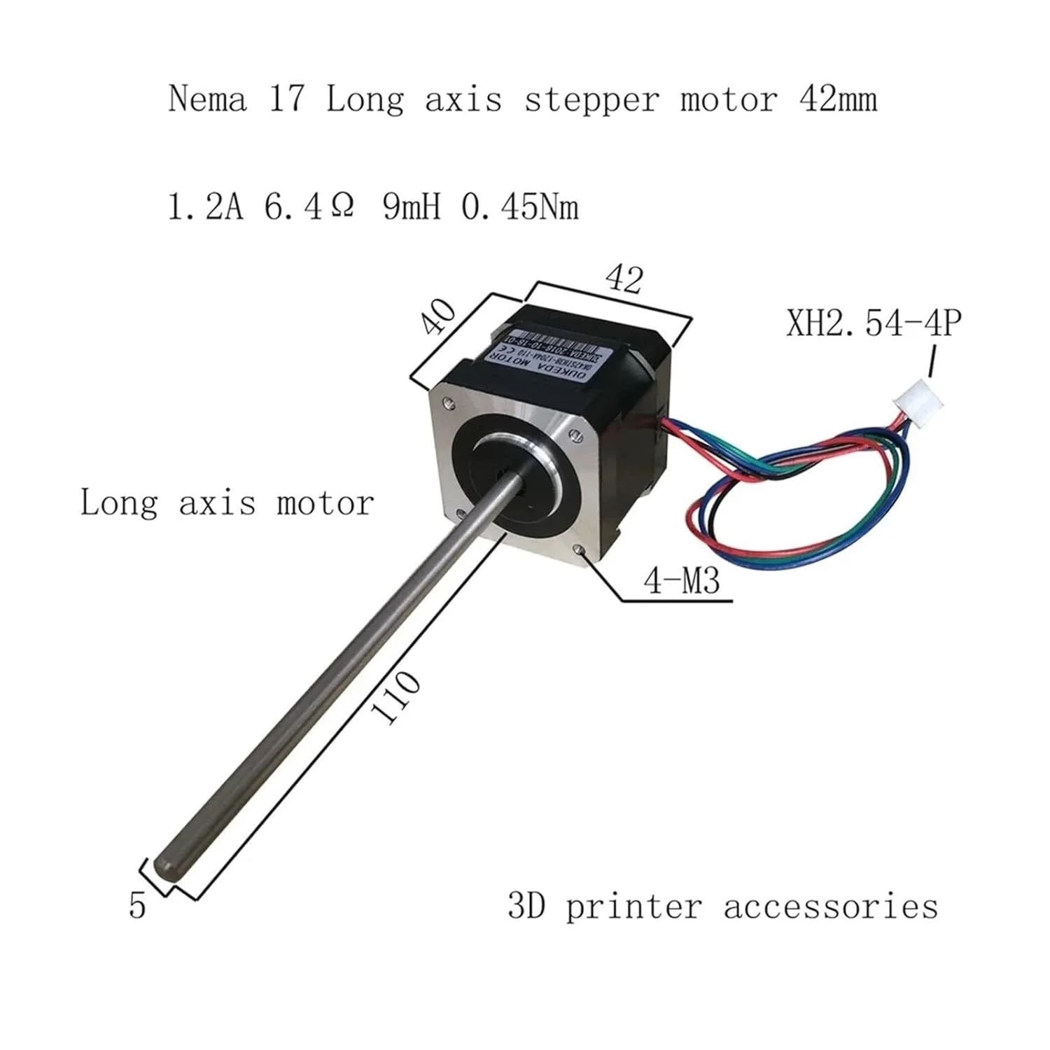 موتور پله ای NEMA17 با شفت بلند مناسب پرینت سه بعدی با شفت 5 * 110 میلی متر