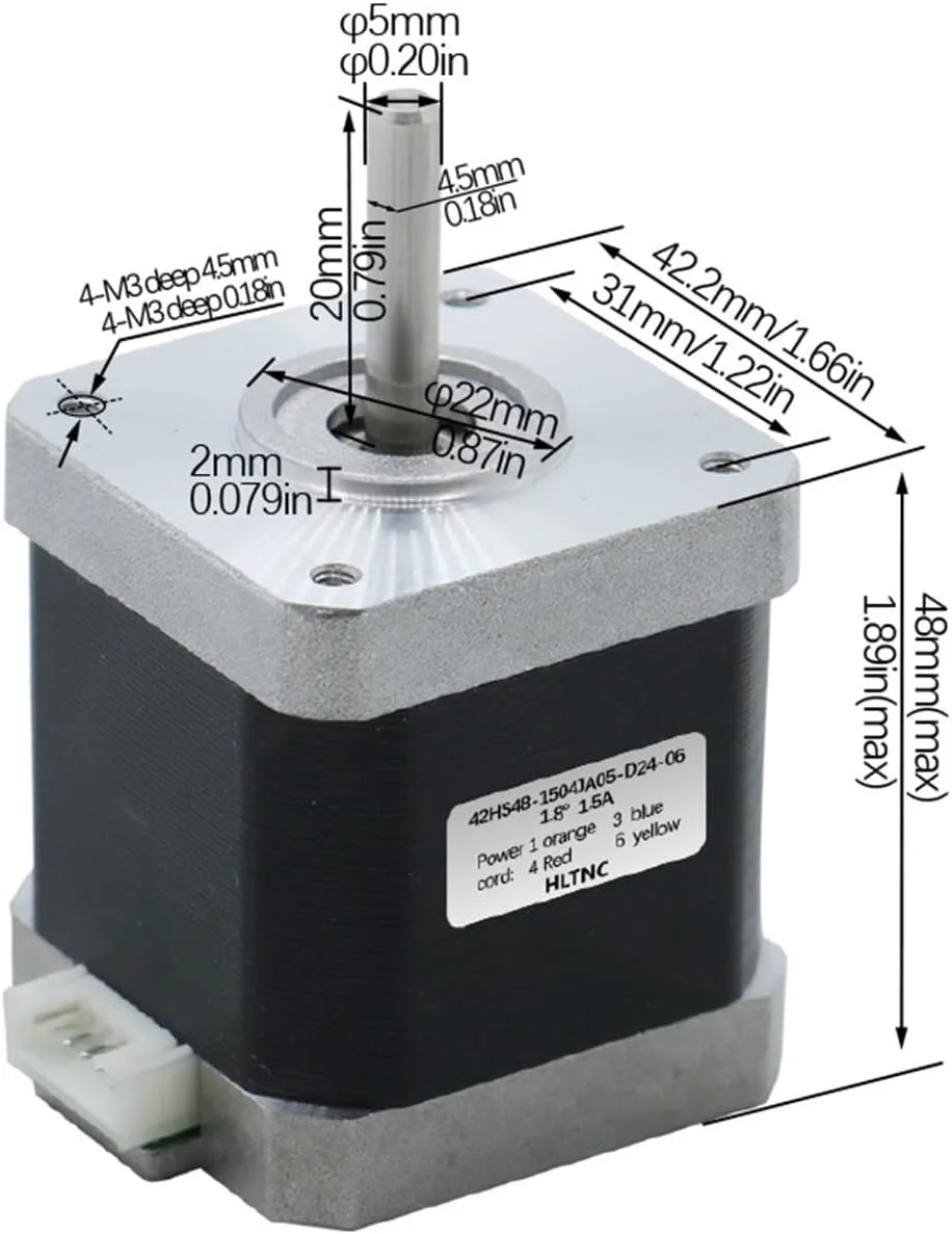 موتور پله ای Nema17 0.55Nm 42HS48 1.5A طول 48mm شفت 5mm 4 سیم 2 فاز برای پرینتر سه بعدی XYZ و حکاکی