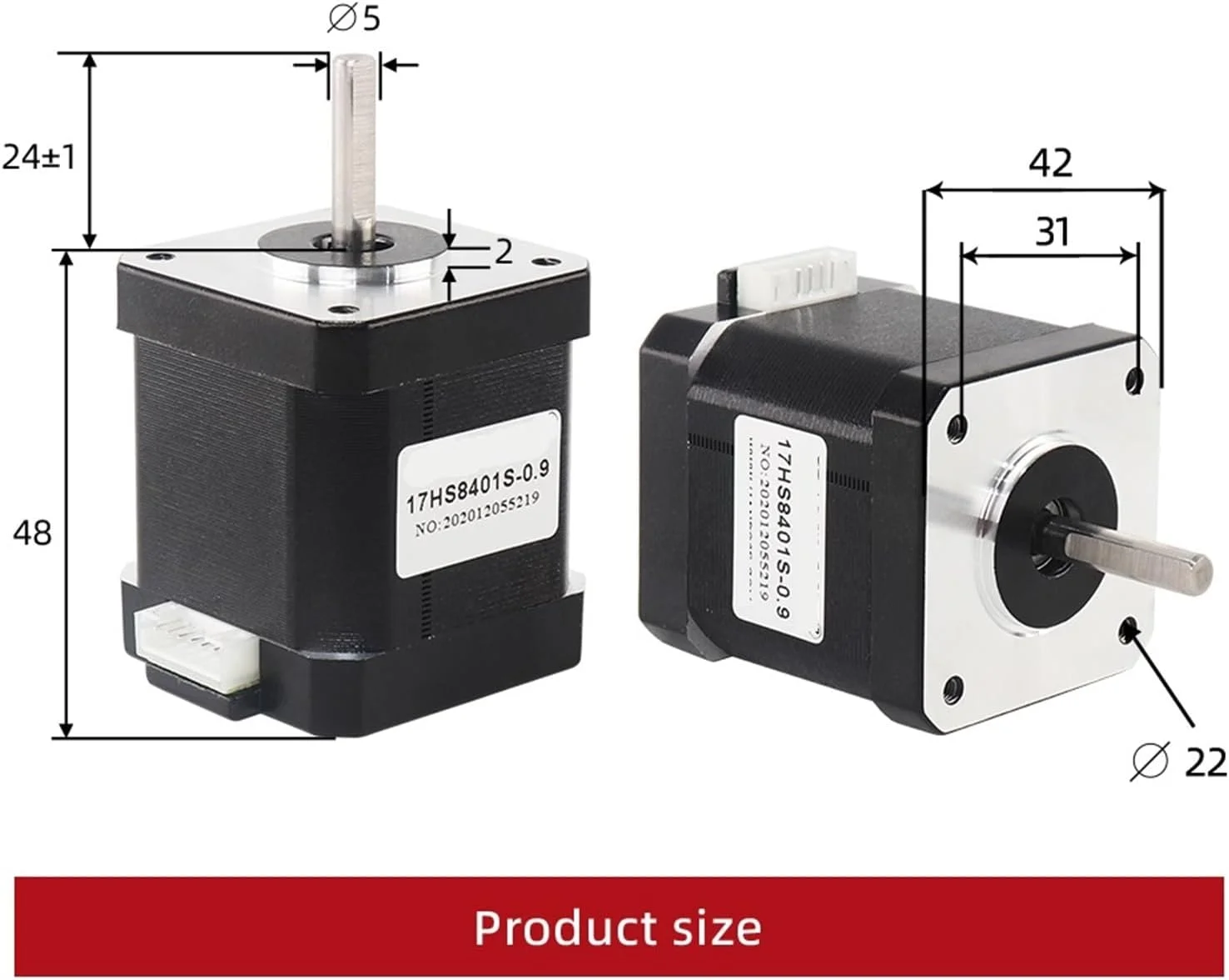 یک عدد موتور پله ای 42 مدل 17HS8401S با زاویه 0.9 درجه، 1.8 آمپر و گشتاور 52N.cm برای و موتور پرینتر سه بعدی