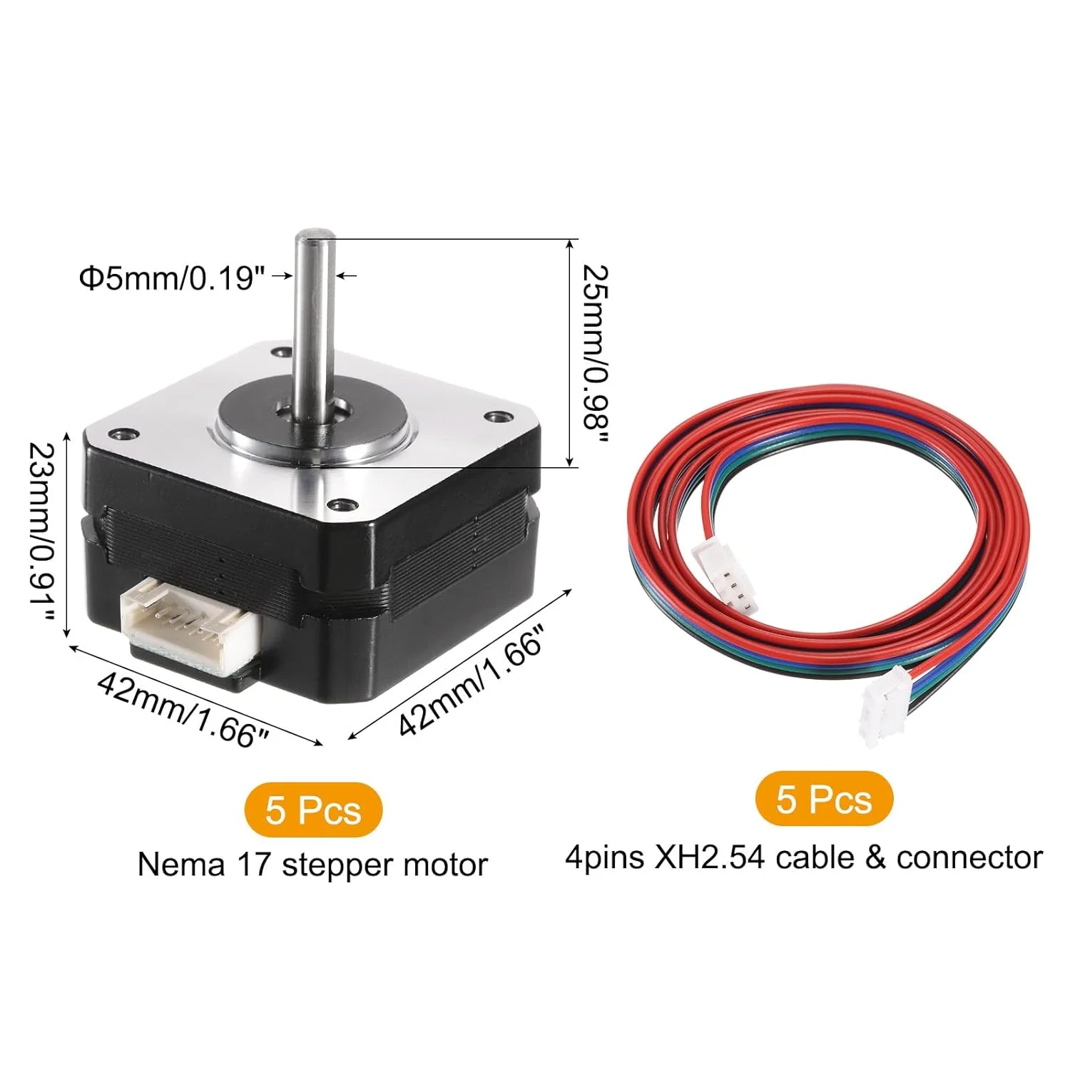 مجموعه 5 عددی موتور پله ای Nema 17 مدل 42x42x23MM دوقطبی 1A/4.5V 0.1N.M موتور 42 دو فاز سروو 1.17 درجه 4 سیم با کابل و کانکتور XH2.54 برای پرینتر سه بعدی دستگاه CNC و پروژه های DIY