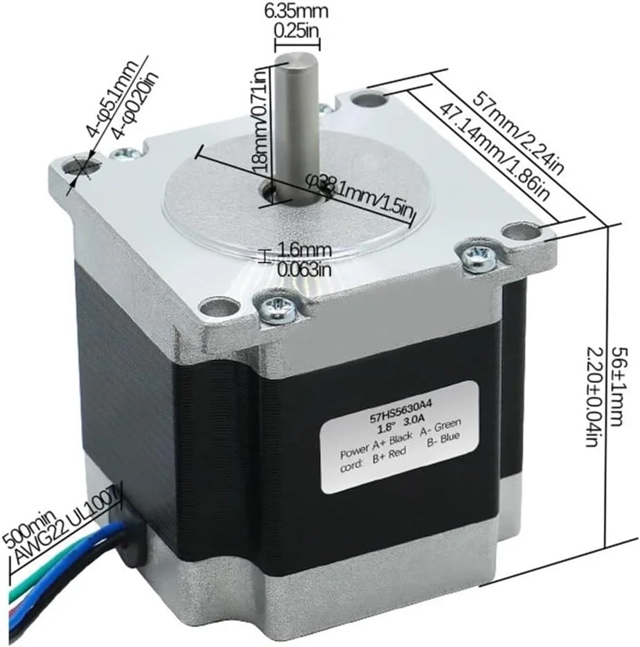 موتور پله‌ای Nema23 57HS56، دو فاز، 4 سیم، 1.2 نیوتن متر، 2.8 آمپر، طول 56 میلی‌متر، شفت D 6.35 میلی‌متر برای تجهیزات پرینتر سه بعدی CNC (شفت دوگانه 6.35 میلی‌متر)