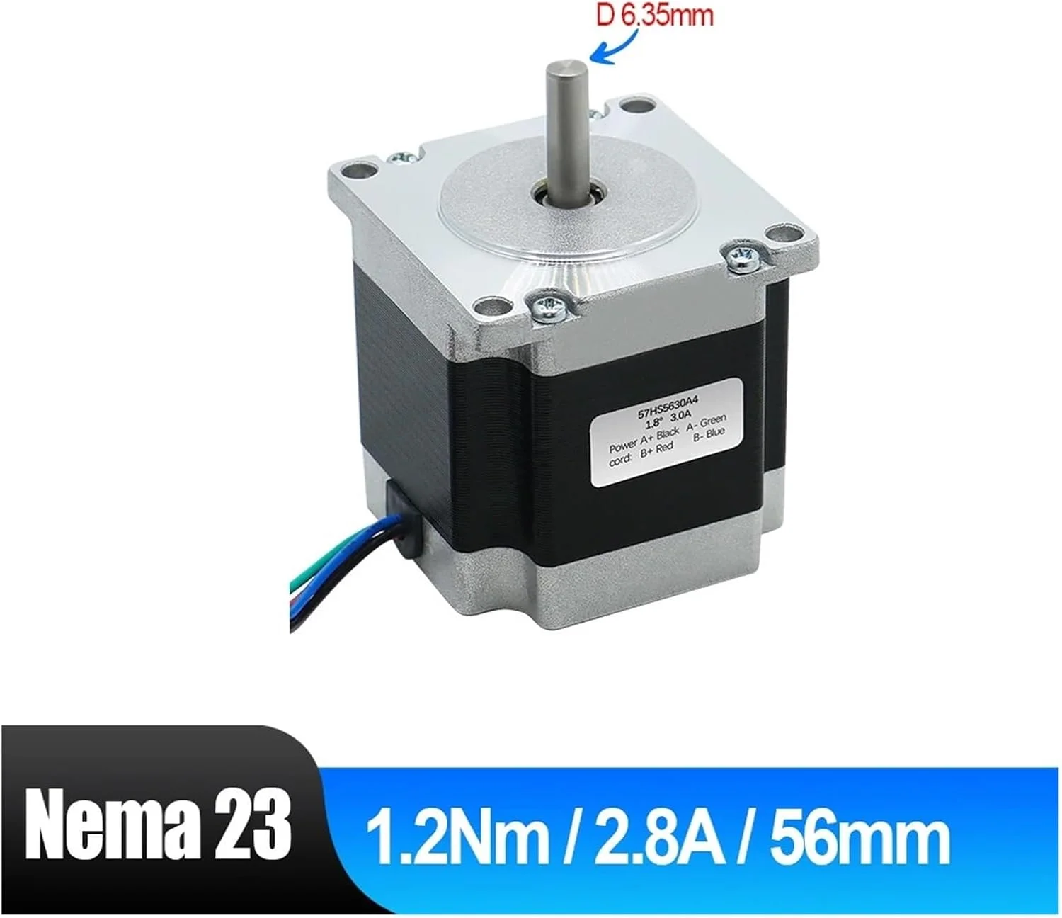 موتور پله‌ای Nema23 57HS56، دو فاز، 4 سیم، 1.2 نیوتن متر، 2.8 آمپر، طول 56 میلی‌متر، شفت D 6.35 میلی‌متر برای تجهیزات پرینتر سه بعدی CNC (شفت دوگانه 6.35 میلی‌متر)