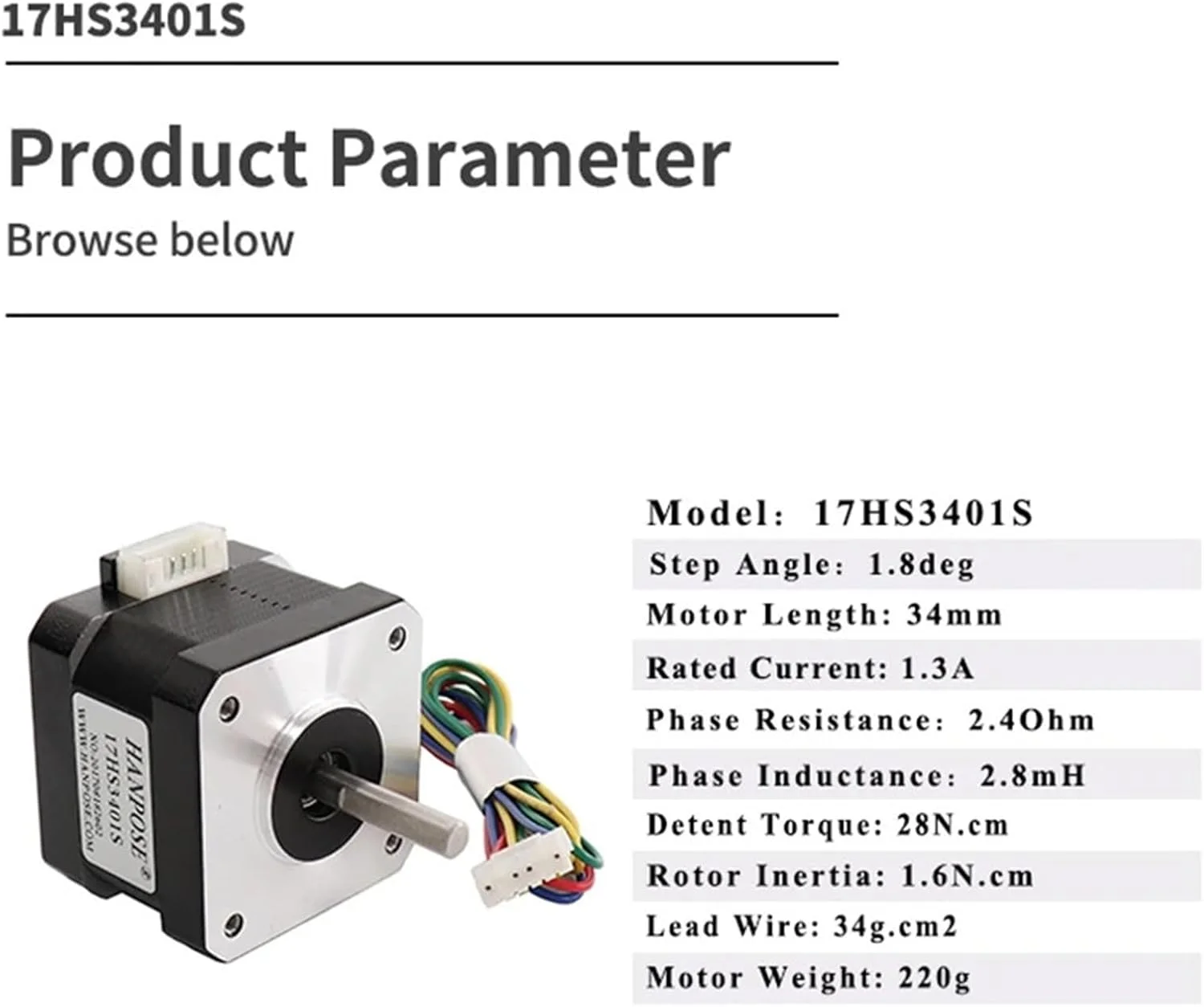 موتور پله ای 17HS3401S، 34 میلی متر، 1.3 آمپر، 28Ncm، 4 سیم، موتور 42، موتور پله ای Nema17 برای پرینتر سه بعدی DIY