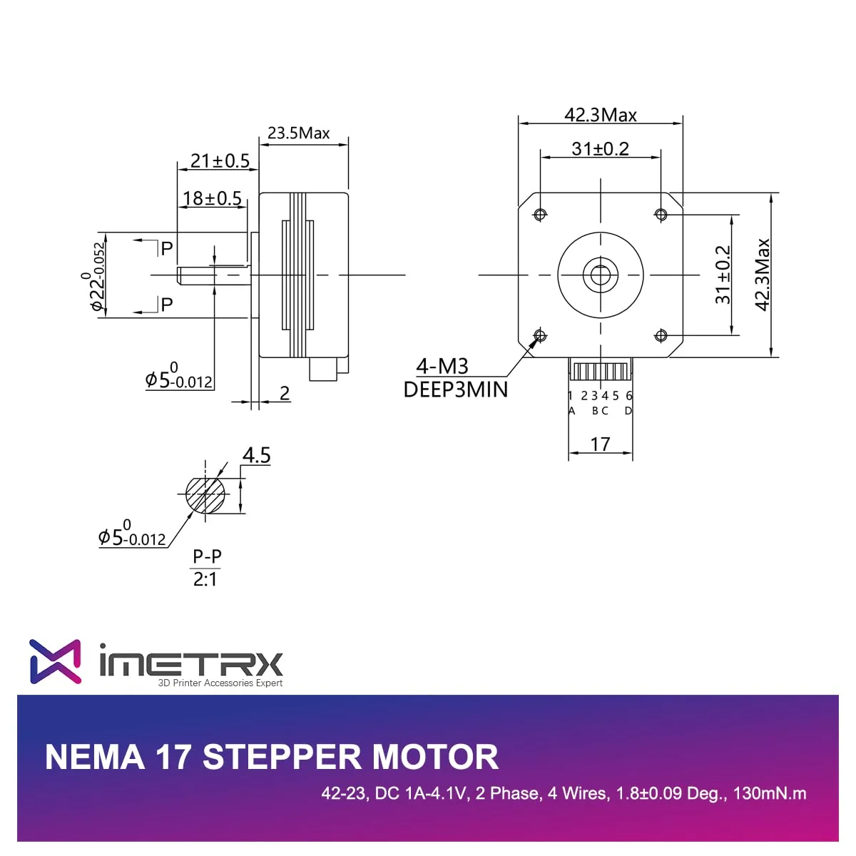 موتور پله ای Nema 17 مدل 42x23mm، موتور پنکیکی 3 عددی، 1.5 آمپر - 3.8 ولت، 2 فاز، 4 سیم، 1.8 درجه با کابل 1 متری برای موتورهای چاپگر سه بعدی