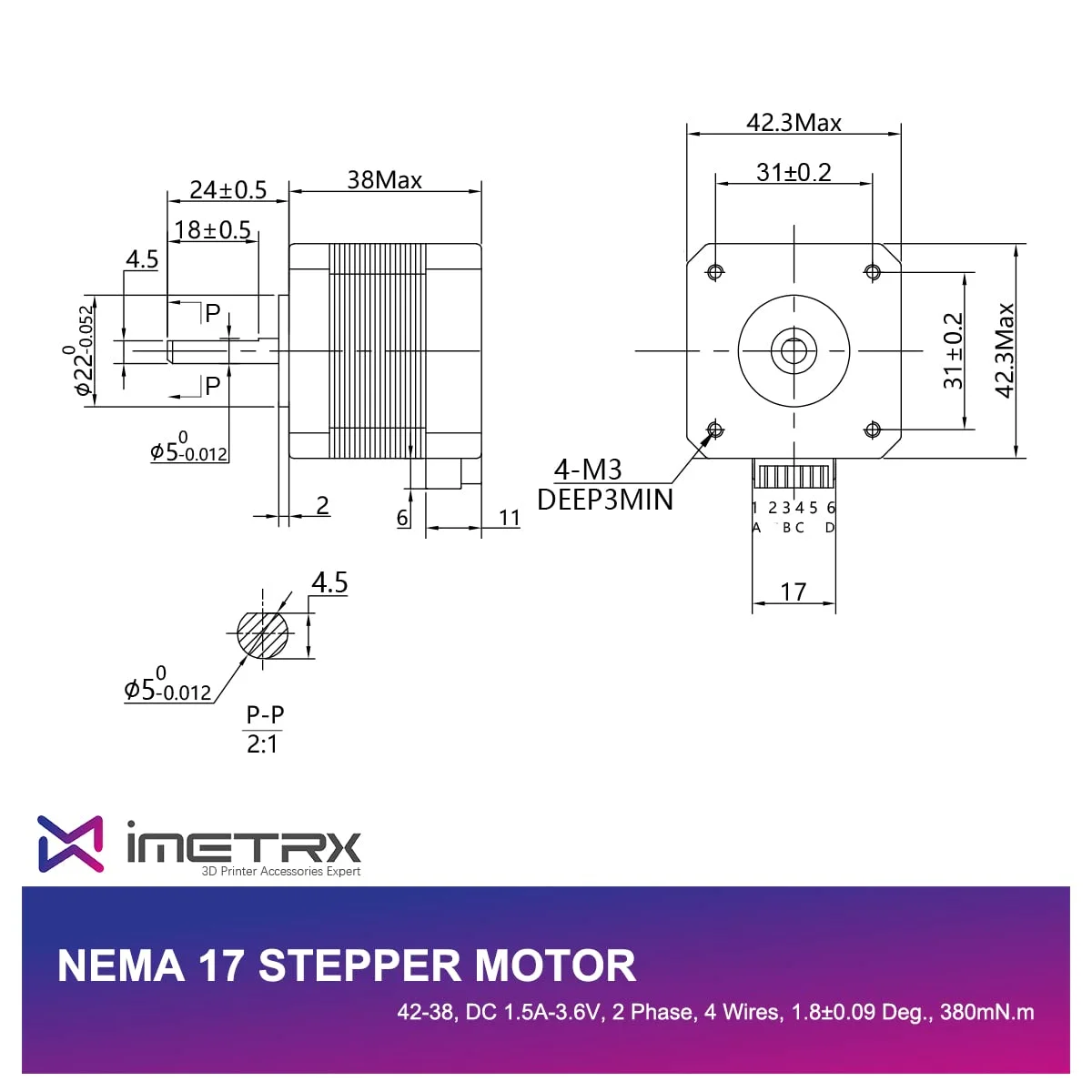 موتور پله ای Nema 17 مدل 42x38mm 17HS4401 با جریان 1.5 آمپر و ولتاژ 3.8 ولت، 2 فاز، 4 سیم، 1.8 درجه به همراه کابل 1 متری برای موتورهای پرینتر سه بعدی