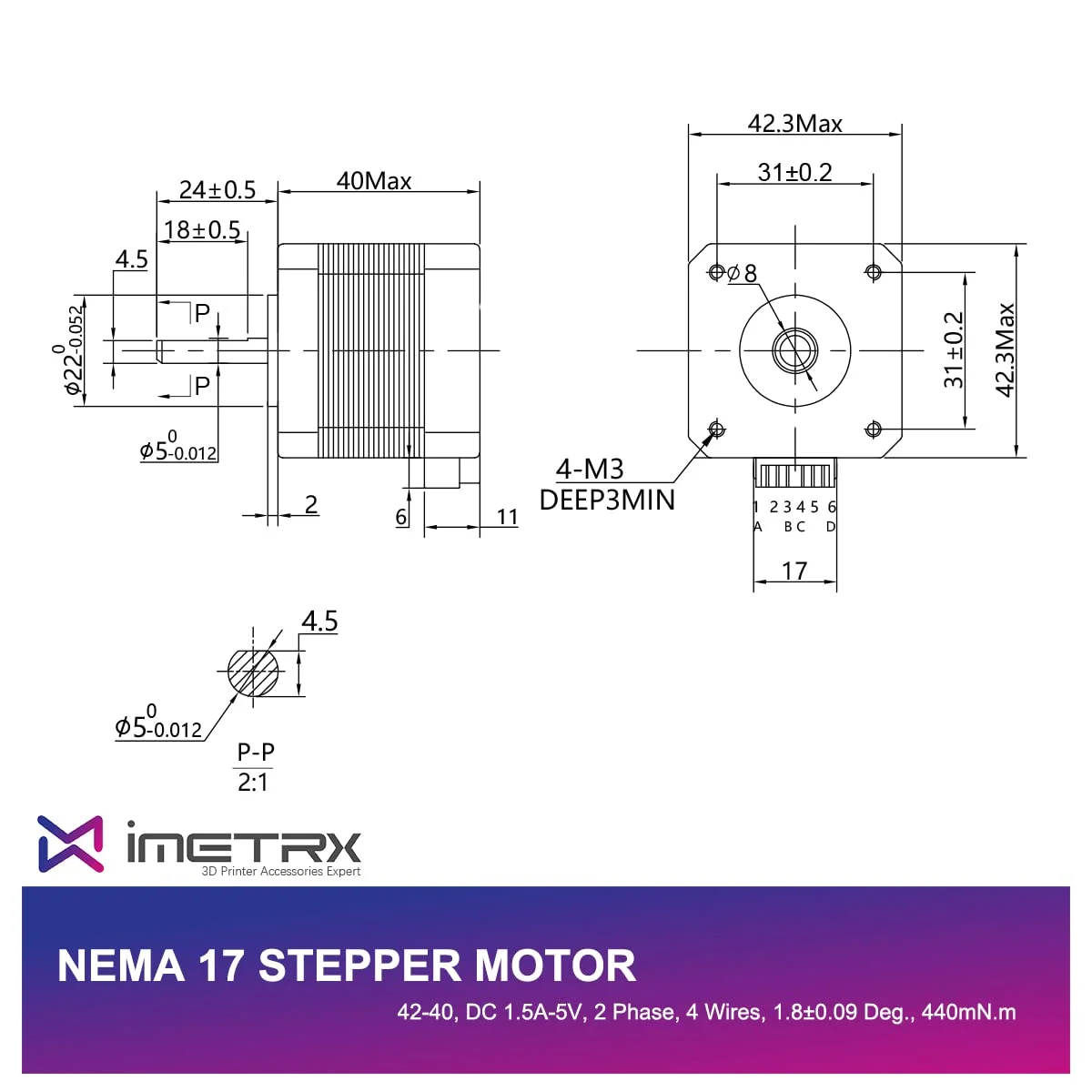 موتور پله ای Nema 17 مدل 42-40 (تک عددی) 1.5 آمپر - 3.8 ولت، 2 فاز، 4 سیم، 1.8 درجه به همراه کابل 1 متری مناسب برای اکسترودر پرینتر سه بعدی/CNC و محور Y