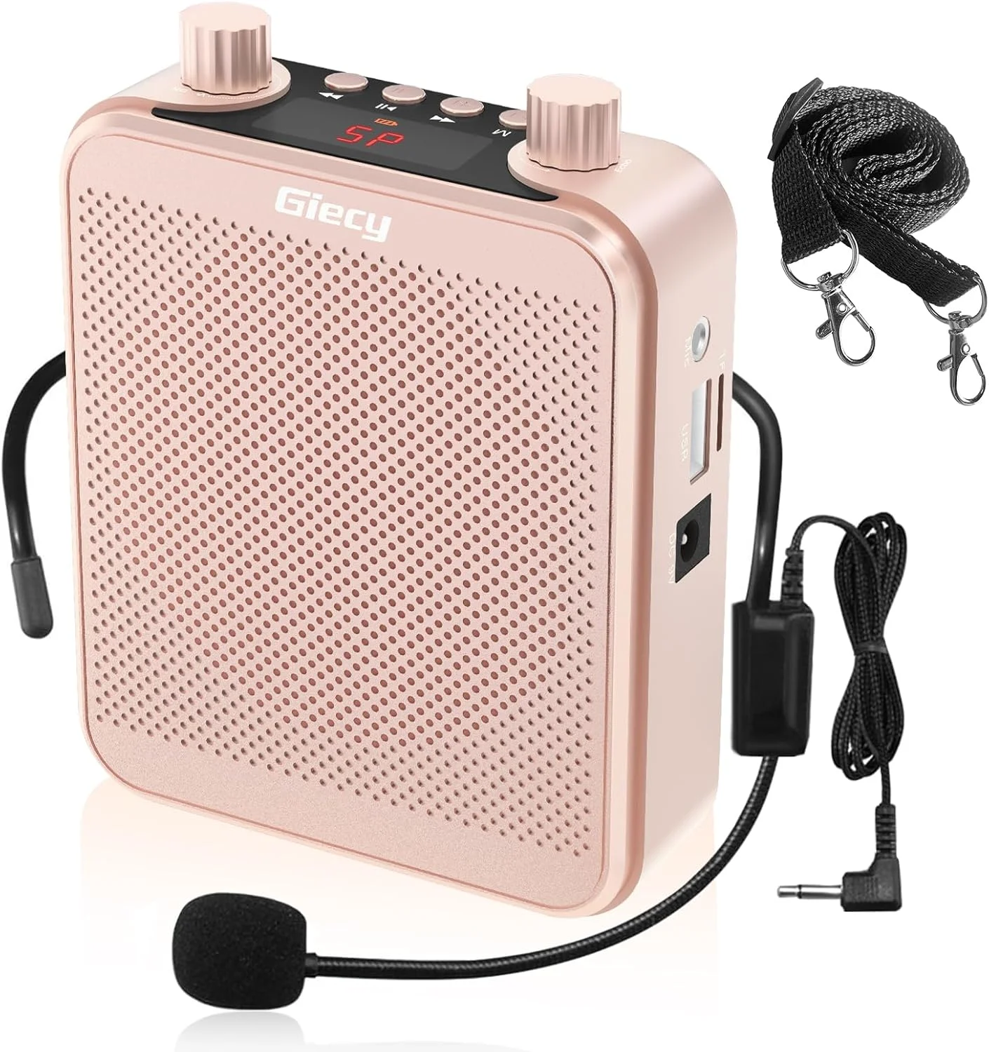 تقویت کننده صدای قابل حمل با باتری لیتیومی 7.4 ولت/2800 میلی آمپر و هدست میکروفون، مینی تقویت کننده صدای قابل شارژ برای مربیان، معلمان، راهنمایان سفر، جلسات (رزگلد)