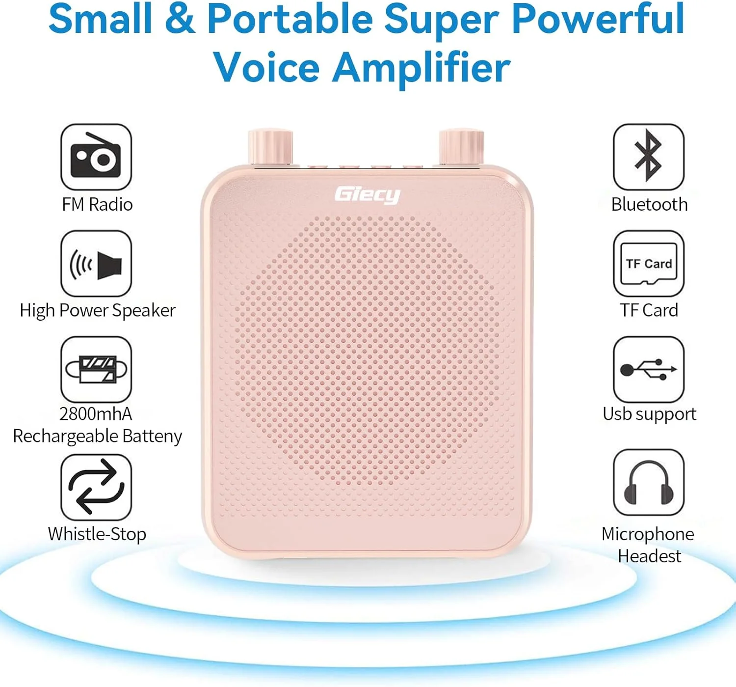 تقویت کننده صدای قابل حمل با باتری لیتیومی 7.4 ولت/2800 میلی آمپر و هدست میکروفون، مینی تقویت کننده صدای قابل شارژ برای مربیان، معلمان، راهنمایان سفر، جلسات (رزگلد)