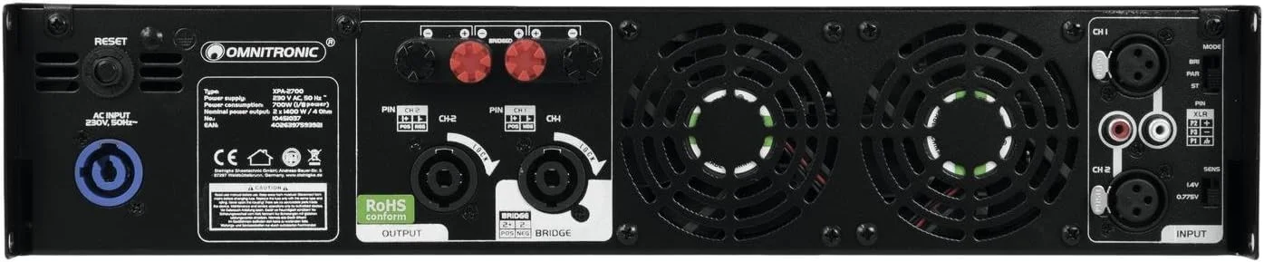 آمپلی فایر استریو PA با لیمیتر Omnitronic XPA-2700 | 2 x 1350 وات / 4 اهم، 2 x 1080 وات / 8 اهم | نصب در رک با 2 یونیت ارتفاع