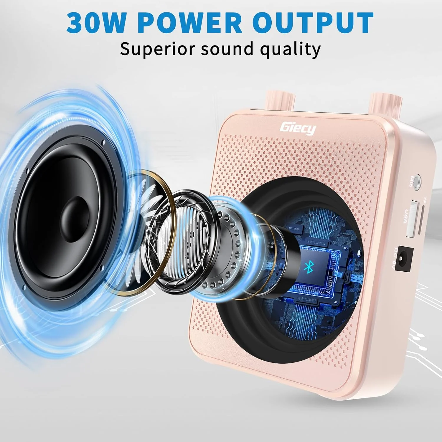 تقویت کننده صدای قابل حمل با باتری لیتیومی 7.4 ولت/2800 میلی آمپر و هدست میکروفون، مینی تقویت کننده صدای قابل شارژ برای مربیان، معلمان، راهنمایان سفر، جلسات (رزگلد)