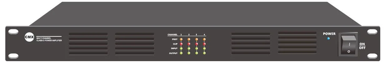 آمپلی‌فایر قدرت ۴ کاناله CMX Audio DA-4500، توان خروجی ۴ x ۵۰۰ وات، نصب رکمونت ۴۸.۳ سانتی‌متری با ارتفاع ۱U، حالت آماده‌به‌کار خودکار یکپارچه، محافظت در برابر اتصال کوتاه، اضافه بار، دمای بالا و کلیپ