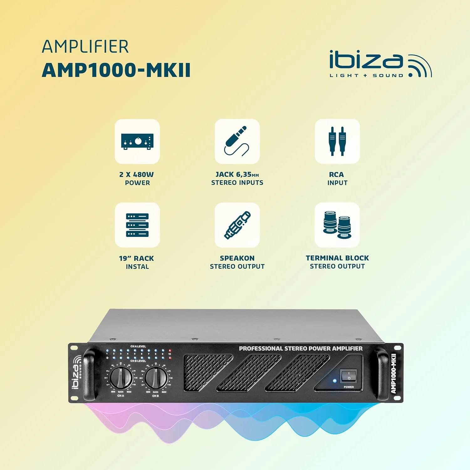 Ibiza - AMP1000-MKII - آمپلی فایر PA حرفه ای 2x800W با ورودی های RCA/جک و خروجی های اسپیکون/بورن - قابل نصب در رک 19 اینچی - مشکی Ibiza - AMP1000-MKII - آمپلی فایر PA حرفه ای 2x800W با ورودی های RCA/جک و خروجی های اسپیکون/بورن - قابل نصب در رک 19 اینچی - مشکی