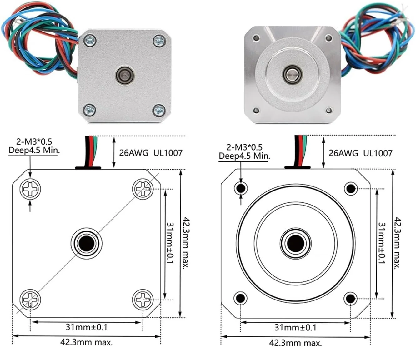 موتور پله ای 17، 42x40 میلی متر، 1.3 آمپر، 4 سیم، 0.41 نیوتن متر، 1.8 درجه، 58 اونس-اینچ، مناسب برای پرینتر سه بعدی و دستگاه CNC