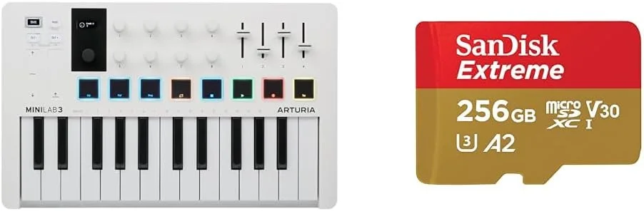 Arturia - MiniLab 3 - کنترلر MIDI جهانی برای تولید موسیقی و کارت حافظه SanDisk Extreme microSDXC UHS-I با ظرفیت 256 گیگابایت + آداپتور
