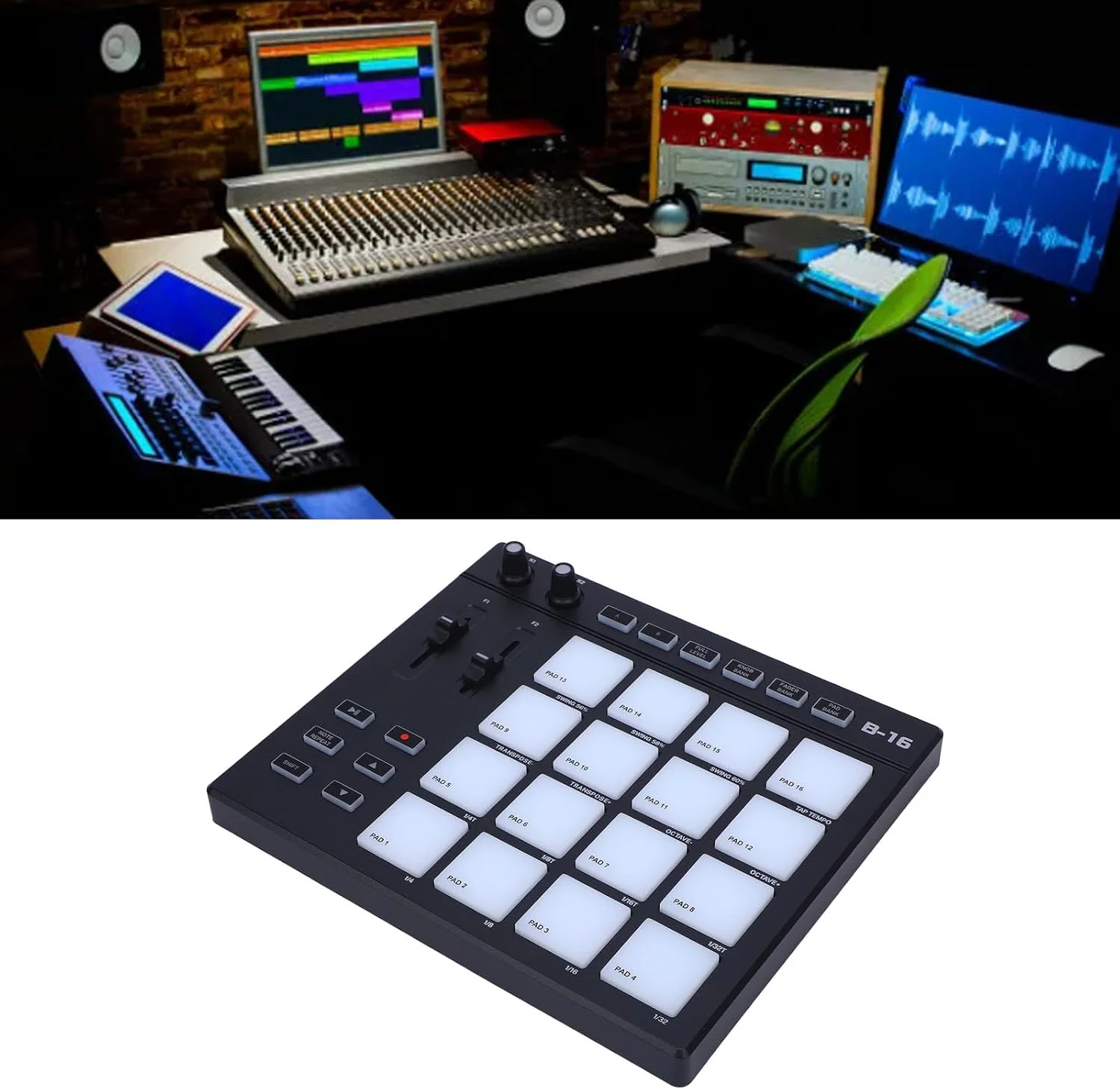 پد کنترلر میدی Asixxsix، پد درام میدی 16 رنگ، کنترلر پد میدی با 16 پد درام، 2 فیدر قابل تنظیم، پد درام میدی RGB قابل حمل برای تولید موسیقی پد کنترلر میدی Asixxsix، پد درام میدی 16 رنگ، کنترلر پد میدی با 16 پد درام، 2 فیدر قابل تنظیم، پد درام میدی RGB قابل حمل برای تولید موسیقی