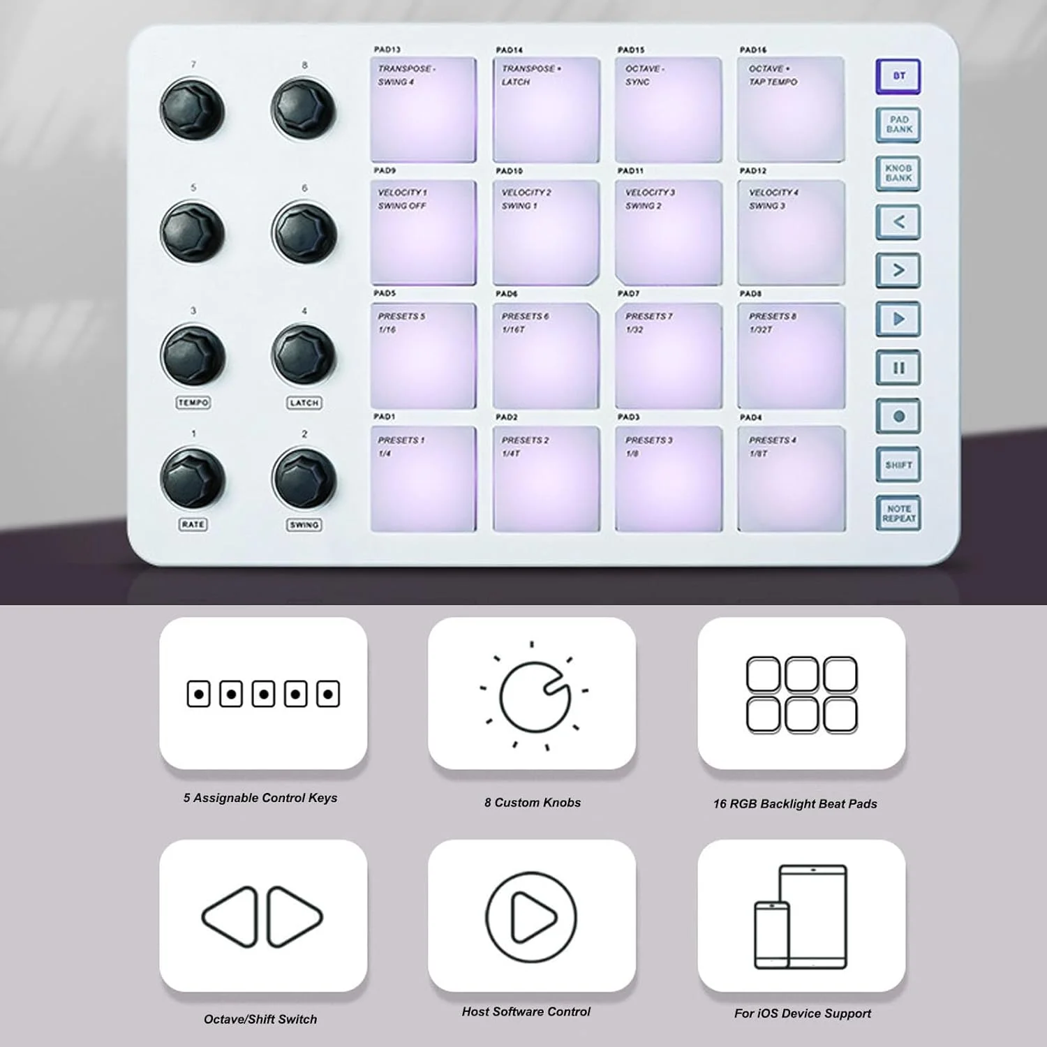 کنترلر MIDI بی سیم Asixxsix با 16 پد درام RGB و 8 دکمه قابل تنظیم، کنترلر پد USB-MIDI، دستگاه بیت ساز USB برای تولید موسیقی