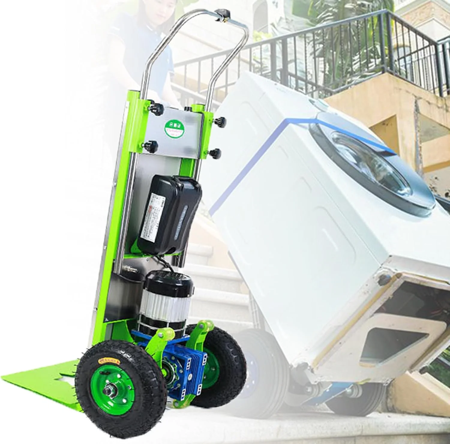 چرخ دستی برقی پله رو با حداکثر ظرفیت بار 450 کیلوگرم و موتور 800 وات، تاشو و مناسب برای حمل و نقل خانگی، انبارداری، توزیع و لجستیک، به همراه بازوی نگهدارنده نوع S