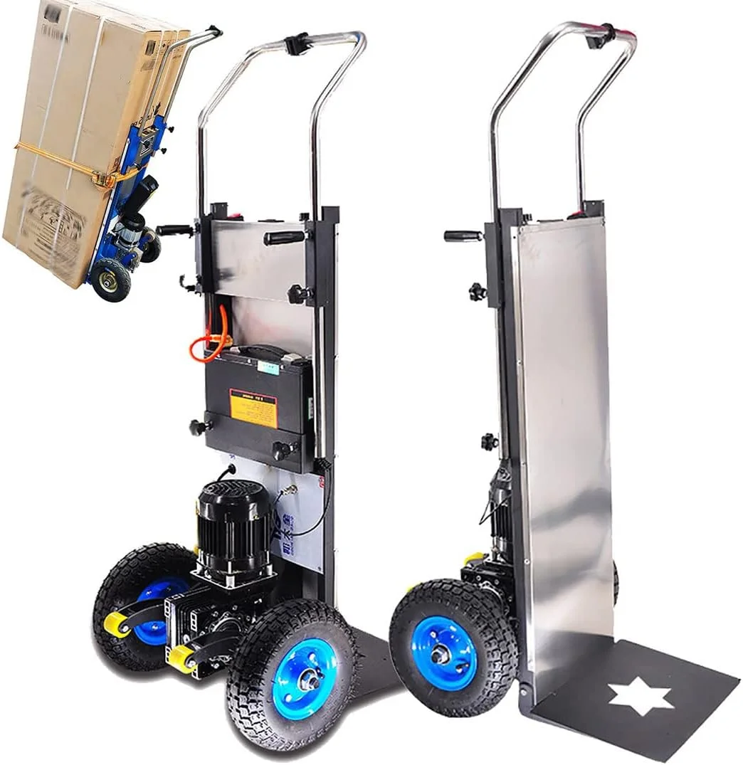 چرخ دستی برقی، گاری پله رو برقی، گاری حمل بار صرفه جویی در کار با دسته تلسکوپی، باتری قابل جابجایی 48 ولت / 36 آمپر ساعت، بار 400 کیلوگرم، موتور براشلس 1200 وات، بالا و پایین رفتن از پله ها