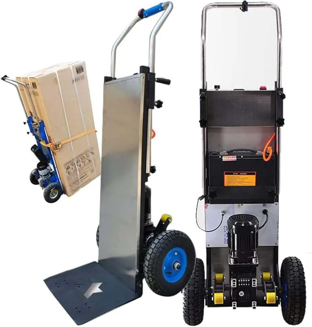 چرخ دستی برقی پله رو، چرخ دستی پله رو با موتور 1200 وات - بالا و پایین رفتن از پله ها، چرخ حمل بار صرفه جویی در کار، ظرفیت بار 400 کیلوگرم، باتری لیتیومی 48 ولت/36 آمپر ساعت، حمل بار سنگین