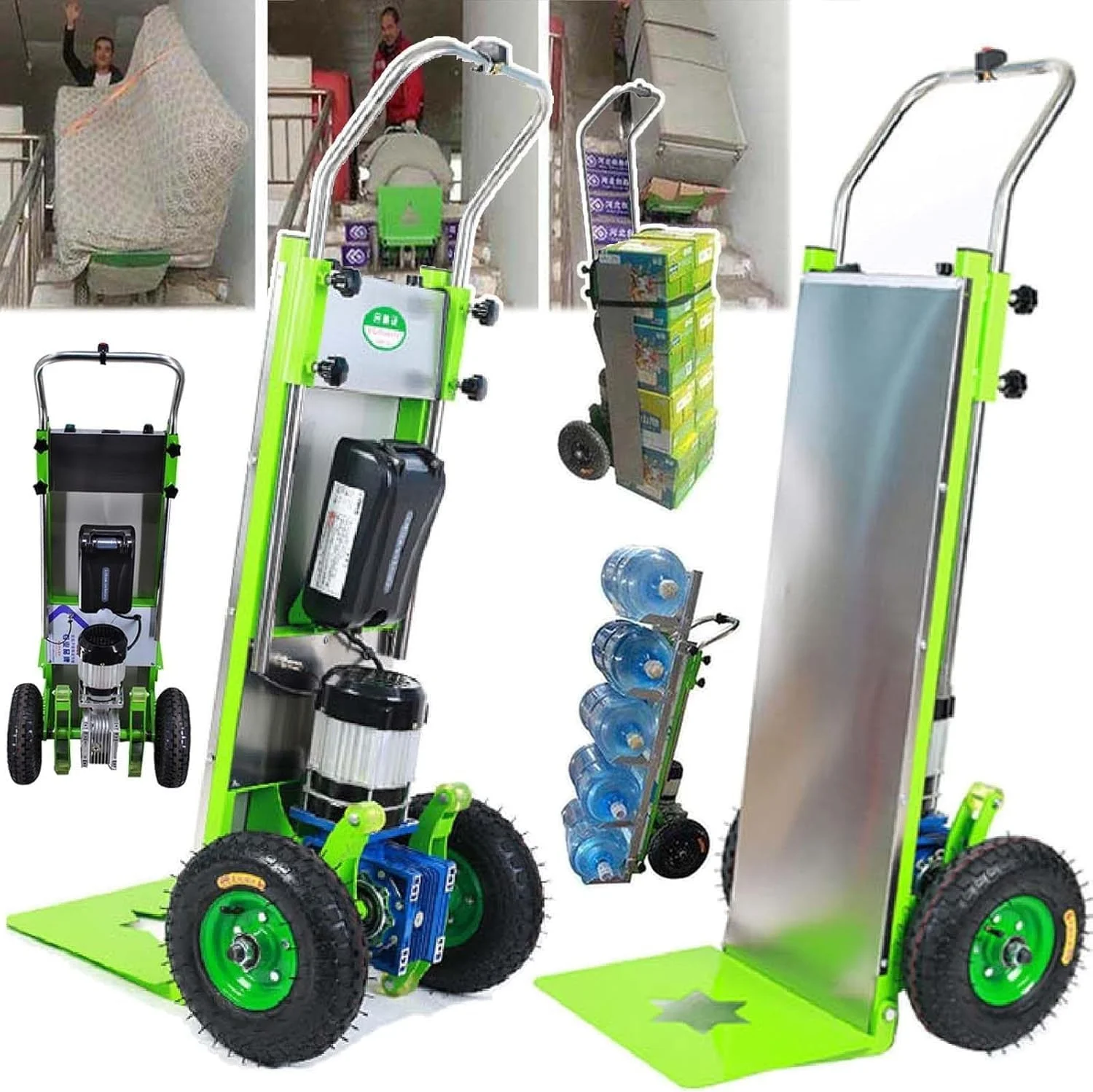 چرخ دستی پله رو برقی، موتور براشلس 800 وات، باطری 48 ولت، ظرفیت حمل 220 کیلوگرم، مناسب برای حمل اثاثیه، انبارداری و لجستیک