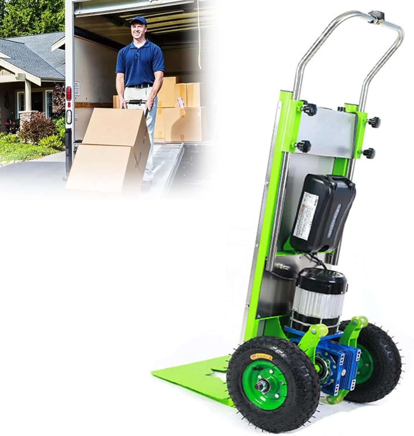 چرخ دستی برقی پله رو، موتور 800 وات، ظرفیت 450 کیلوگرم، چرخ دستی برقی برای پله ها با تنظیم سرعت پیوسته و چرخ های بادی