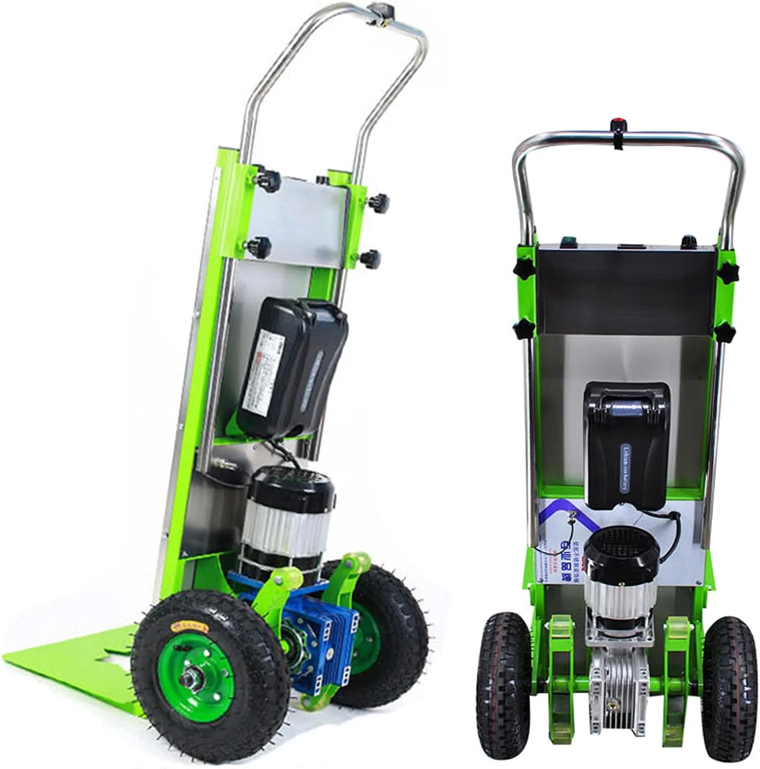 چرخ دستی برقی پله رو با موتور 800 وات و ظرفیت بار 450 کیلوگرم، تاشو، به همراه شارژر و باتری لیتیومی برای جابجایی و توزیع لجستیکی