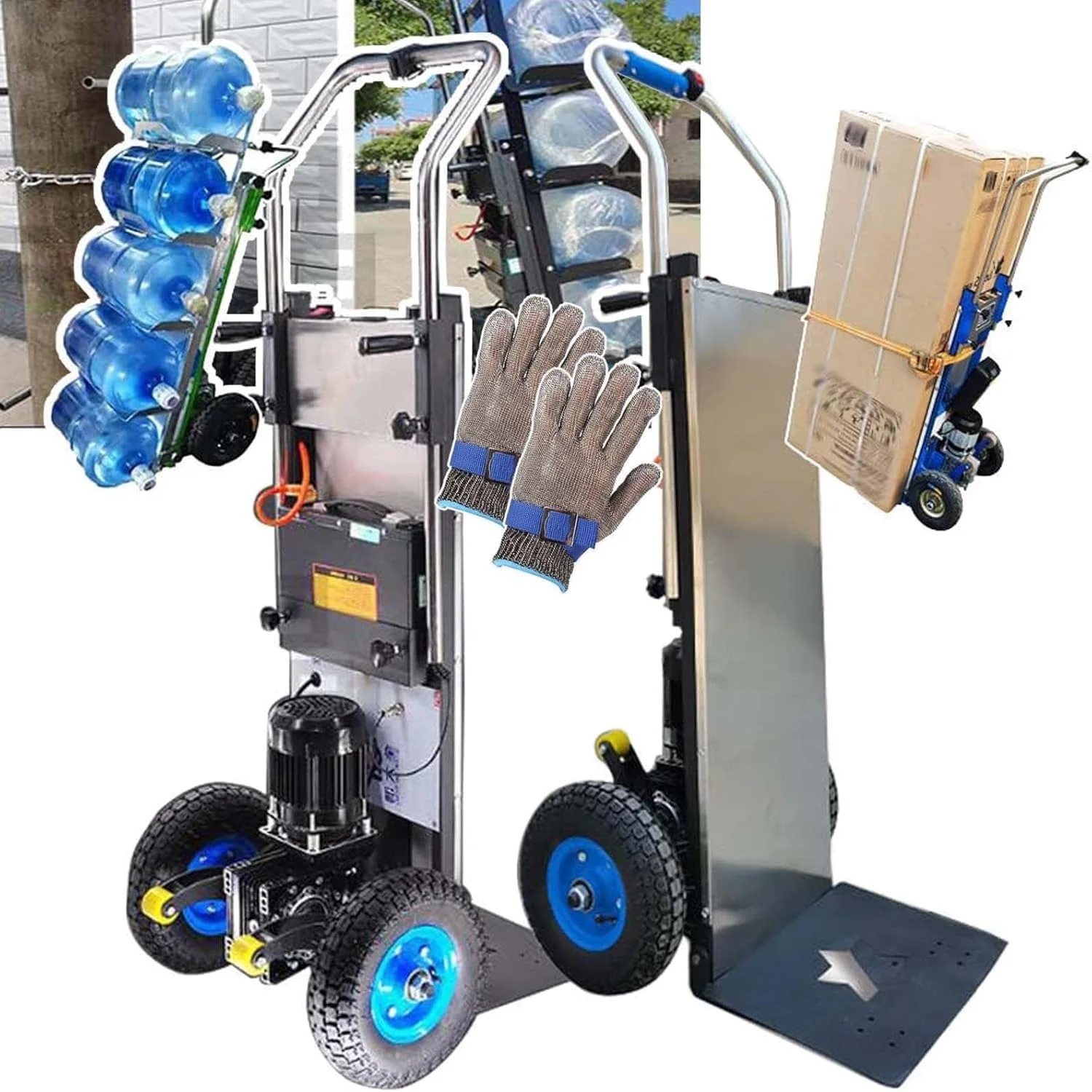 چرخ دستی برقی پله رو 1200 واتی، گاری حمل بار پله رو، چرخ دستی برقی، ظرفیت بار 400 کیلوگرم، موتور براشلس - باتری قابل جابجایی 48 ولت / 36 آمپر ساعت، قابلیت بالا و پایین رفتن از پله