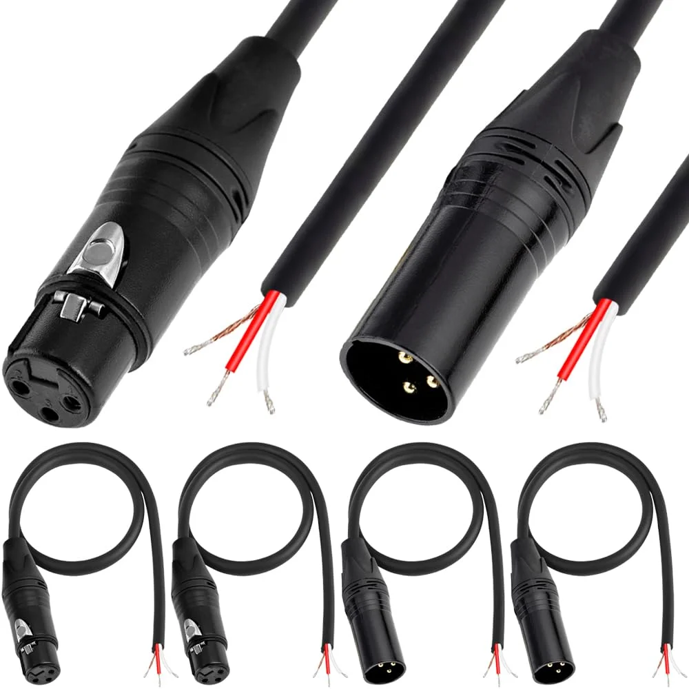 کابل میکروفون XLR 3 پین با انتهای باز، سیم پیگتیل نری XLR و سیم پیگتیل مادگی XLR برای جایگزینی صدا، تقویت کننده (بسته 4 عددی)