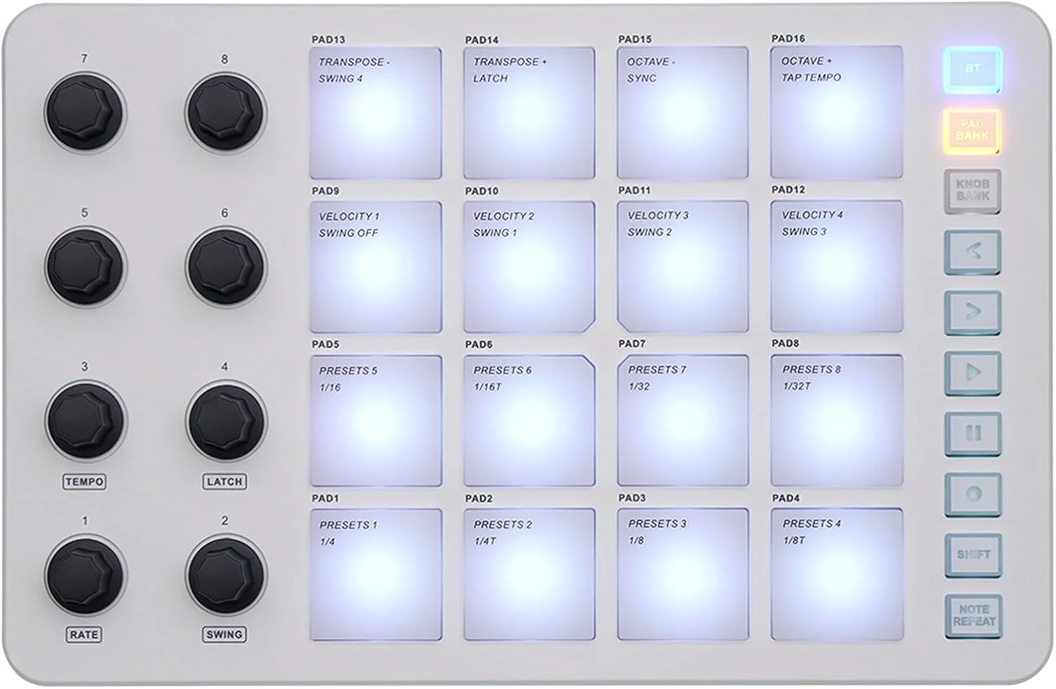 کنترلر MIDI بی‌سیم، کنترلر پد درام USB-MIDI قابل حمل با 16 پد با نور پس‌زمینه RGB، 8 دکمه قابل تنظیم، دکمه تکرار نت با صدای کامل