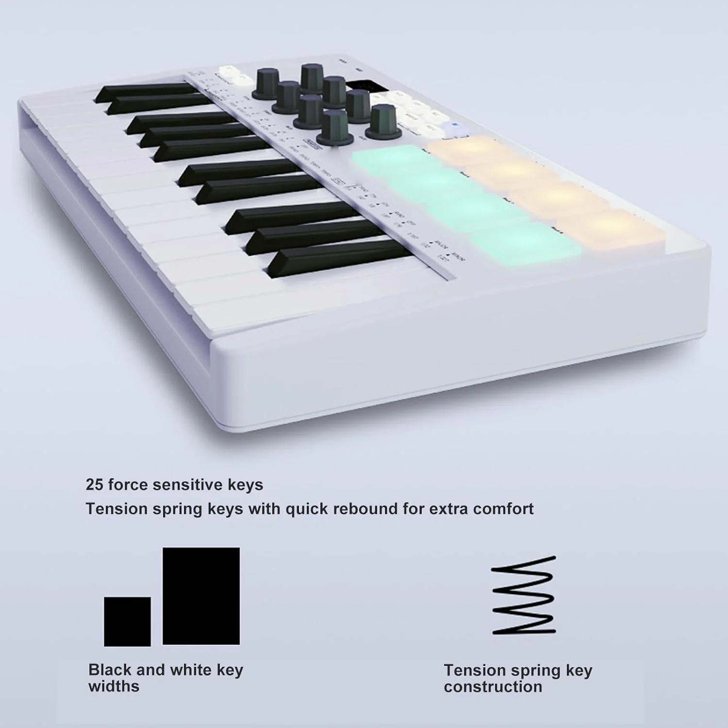 کنترلر MIDI یونیورسال، کنترلر صفحه کلید MIDI USB با 25 کلید با 8 پد درام با نور پس زمینه، 8 دستگیره قابل تنظیم، برای تولید استودیویی، مجازی کنترلر MIDI یونیورسال، کنترلر صفحه کلید MIDI USB با 25 کلید با 8 پد درام با نور پس زمینه، 8 دستگیره قابل تنظیم، برای تولید استودیویی، مجازی