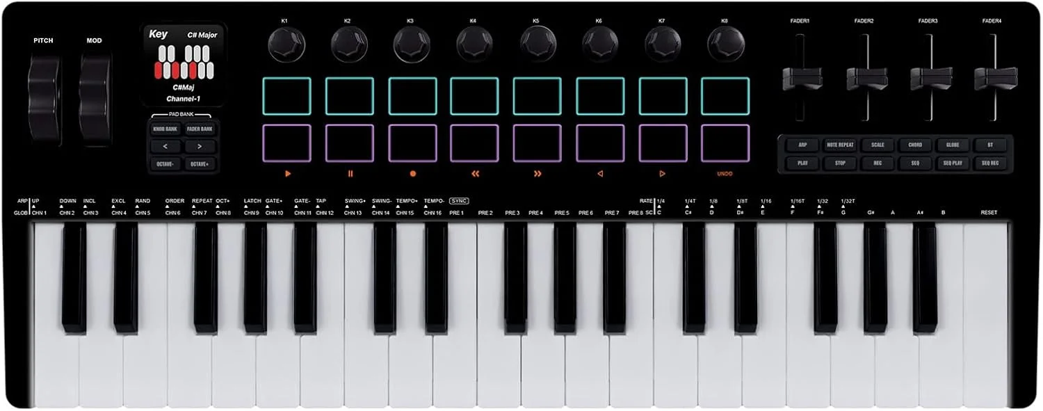 موتور سینتی سایزر پد درام 37 کلیدی با نور پس زمینه، کنترلر صفحه کلید MIDI برای تولید موسیقی PC DAW، طراحی ABS مشکی قابل حمل