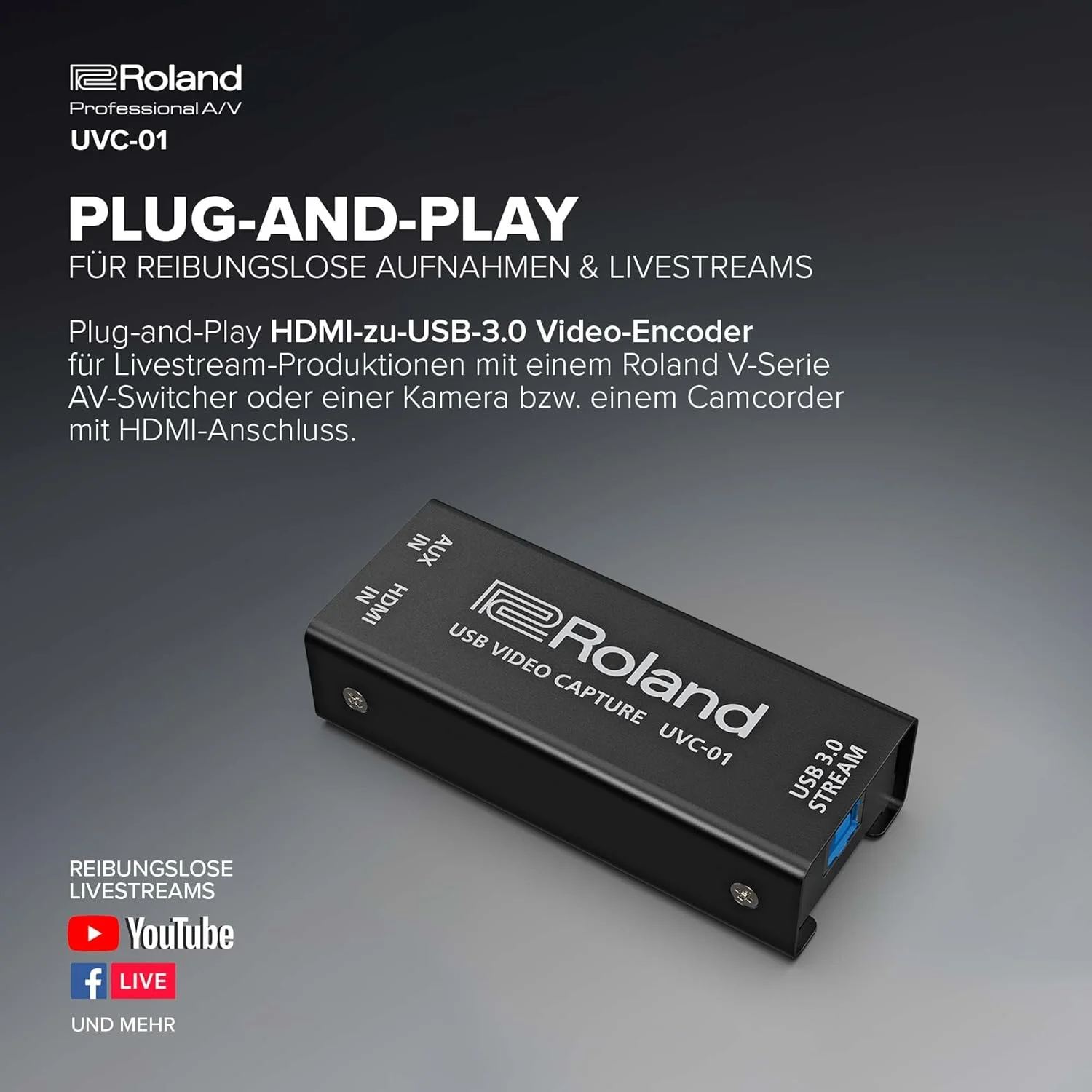 Roland UVC-01 USB Video Capture | اتصال آسان برای ضبط و پخش زنده روان | رمزگذار ویدئویی HDMI به USB 3.0 | کیفیت 1080p HD غیر فشرده با سرعت 60 فریم بر ثانیه | کنترل وب کم در مک و ویندوز