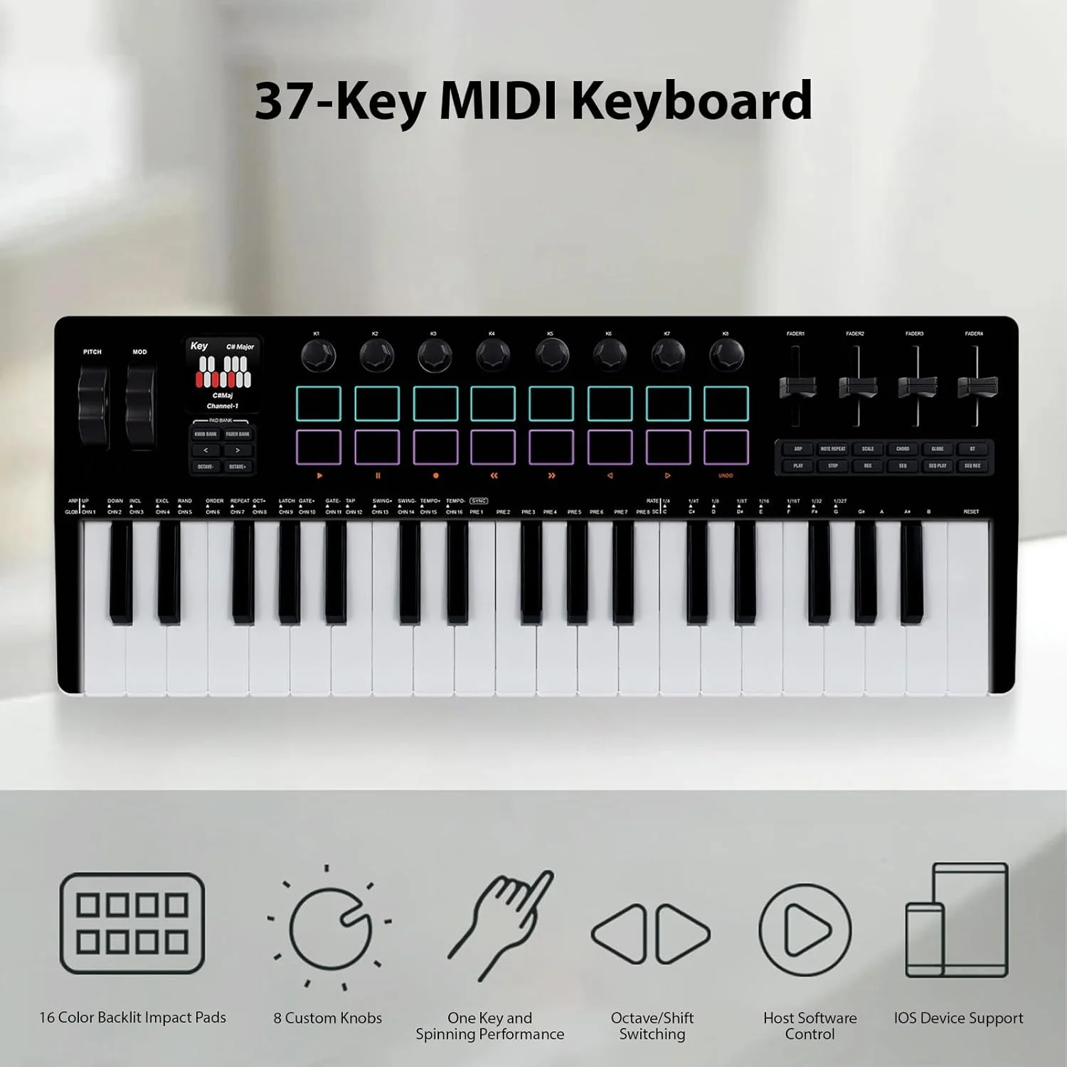 موتور سینتی سایزر پد درام 37 کلیدی با نور پس زمینه، کنترلر صفحه کلید MIDI برای تولید موسیقی PC DAW، طراحی ABS مشکی قابل حمل موتور سینتی سایزر پد درام 37 کلیدی با نور پس زمینه، کنترلر صفحه کلید MIDI برای تولید موسیقی PC DAW، طراحی ABS مشکی قابل حمل