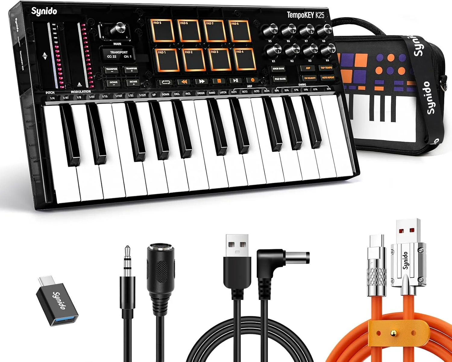 کنترلر میدی کیبورد USB-C مدل Synido TempoKEY K25 با 25 کلید حساس به ضربه، 8 پد درام، نمایشگر OLED، بیت ساز برای تولید موسیقی، کیبورد میدی جمع و جور در رنگ مشکی