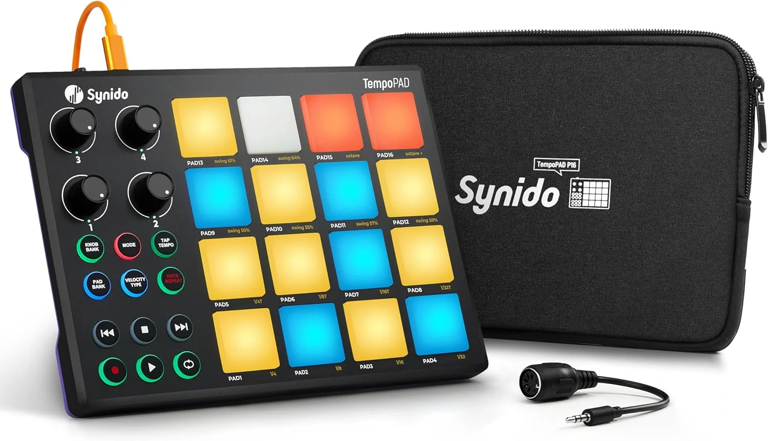 کنترلر درام MIDI سینیدو TempoPAD، دارای 16 پد ضربه ای با نور پس زمینه RGB، 4 ناب قابل تنظیم، تولید موسیقی قابل حمل USB، مشکی