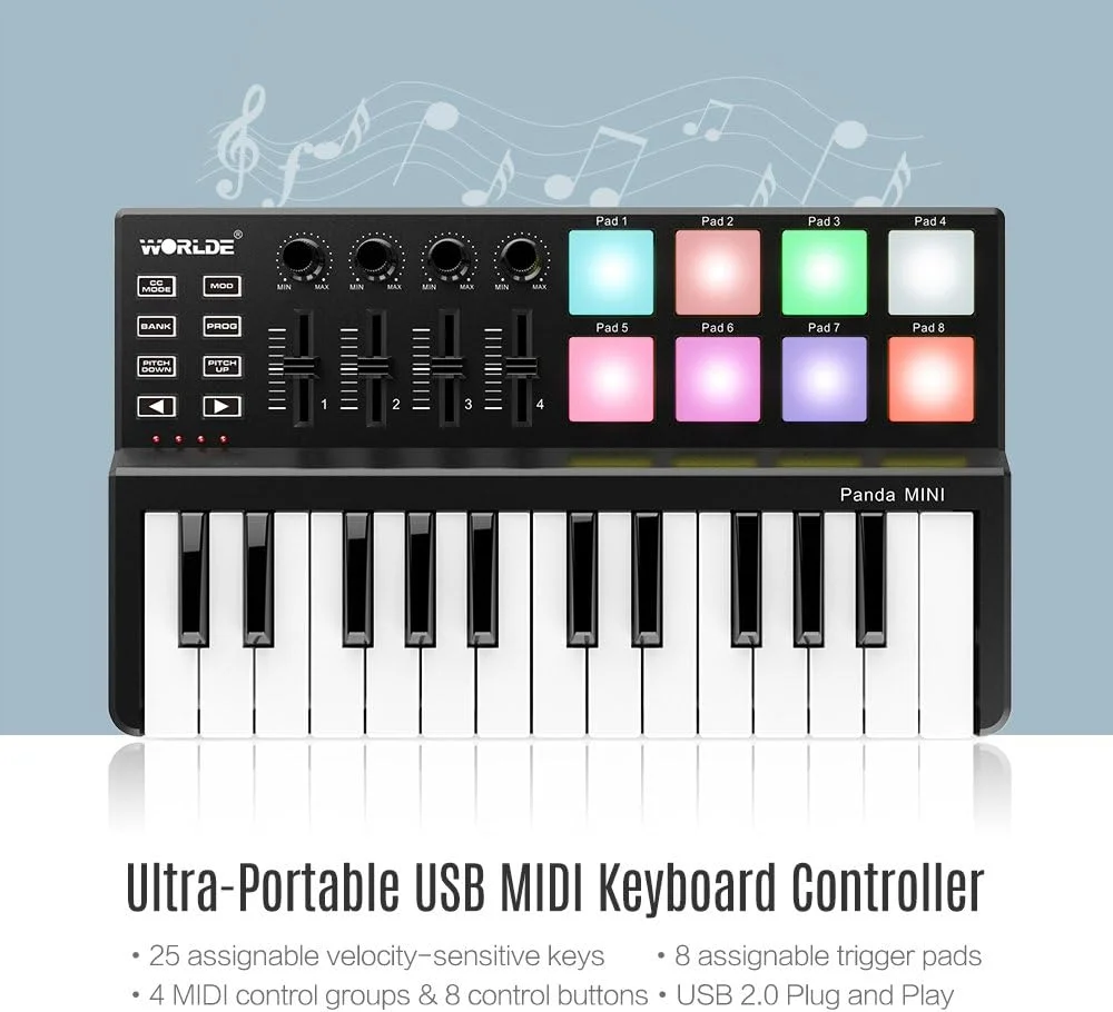 کنترلر کیبورد MIDI USB قابل حمل TARSHYRY 25 کلیدی با پدهای دارای نور پس زمینه برای علاقه مندان به موسیقی