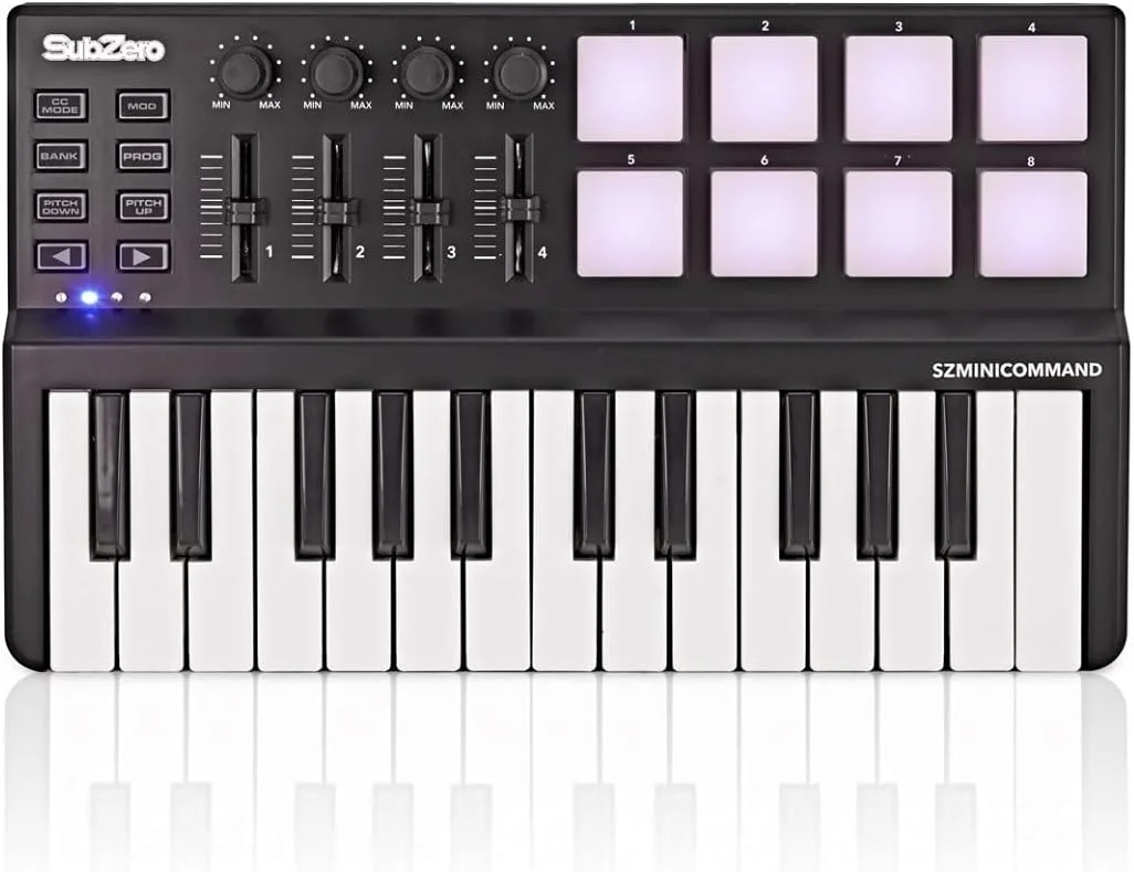کنترلر MIDI قابل حمل SubZero با 25 کلید، 8 پد، 4 انکودر چرخشی و 4 فیدر