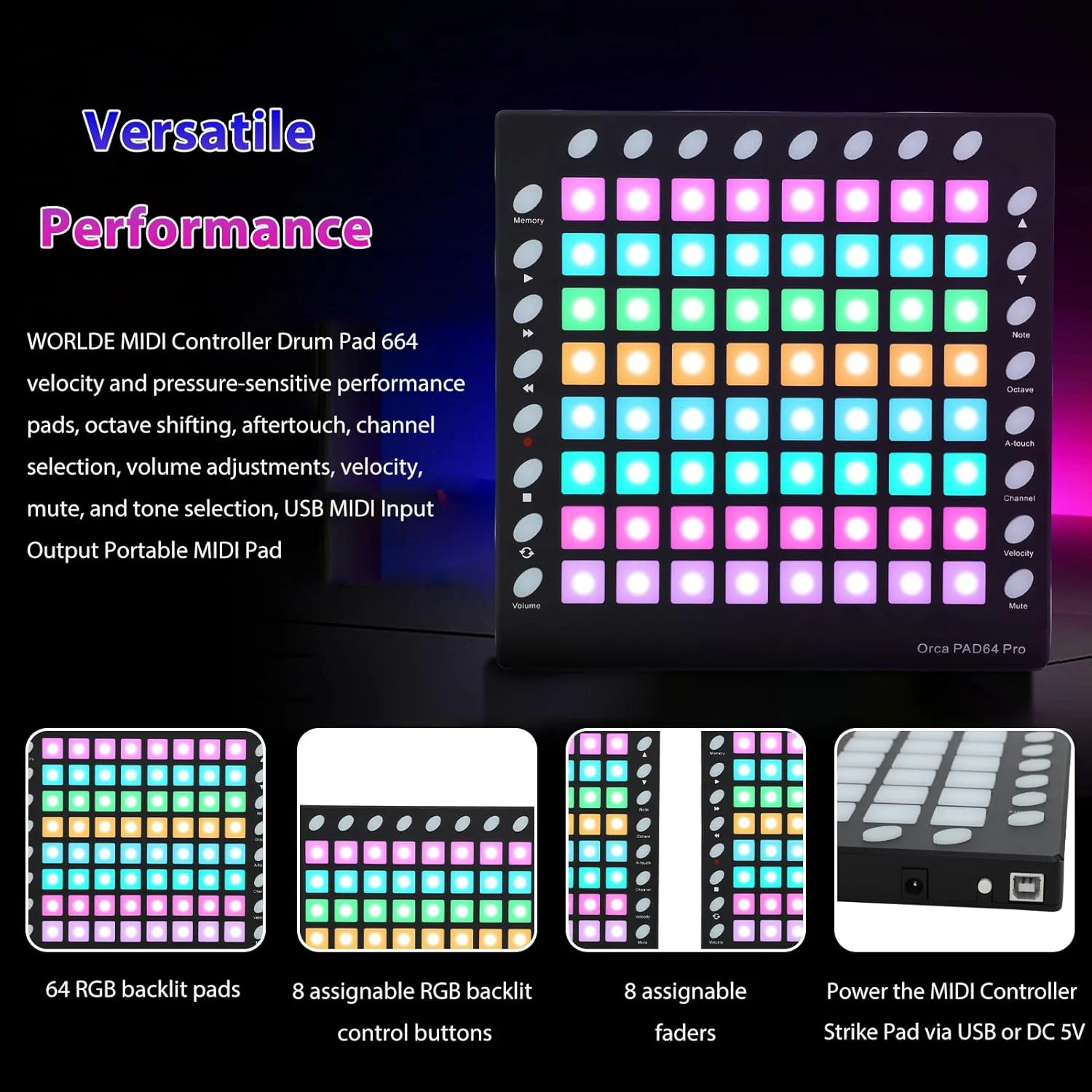کنترلر پد درام MIDI، 64 پد RGB با نور پس زمینه، پد ضربه MIDI حساس به ضربه با 24 دکمه، ماژول صدا، USB MIDI IN-OUT برای اجرای زنده کنترلر پد درام MIDI، 64 پد RGB با نور پس زمینه، پد ضربه MIDI حساس به ضربه با 24 دکمه، ماژول صدا، USB MIDI IN-OUT برای اجرای زنده