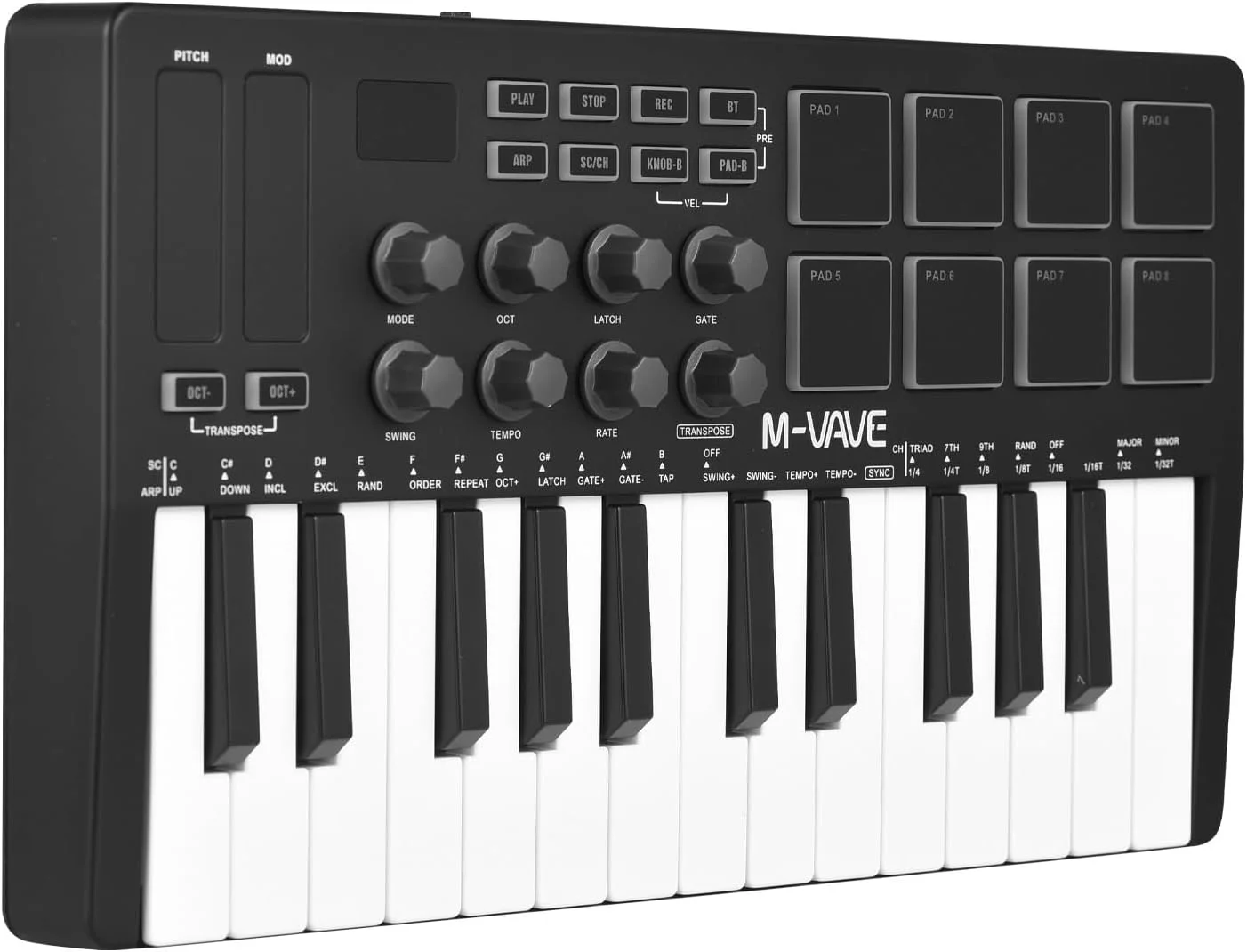 صفحه کلید کنترل MIDI 25 کلیدی، کنترلر MIDI مینی USB قابل حمل با 25 کلید حساس به ضربه، 8 پد با نور پس زمینه RGB و 8 دکمه