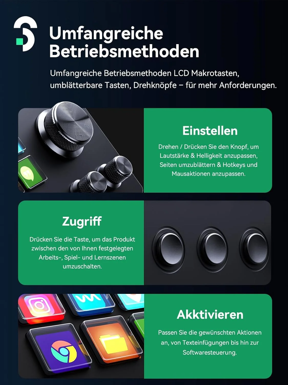 دک استریم کنترلر SOOMFON مدل SE مشکی، دارای 6 کلید ماکرو LCD و دکمه‌های چرخشی، فعال‌سازی عملکرد در نرم‌افزارهایی مانند OBS، Voicemod، Twitch، YouTube، مناسب برای استریمینگ و گیمینگ، سازگار با Mac و Windows