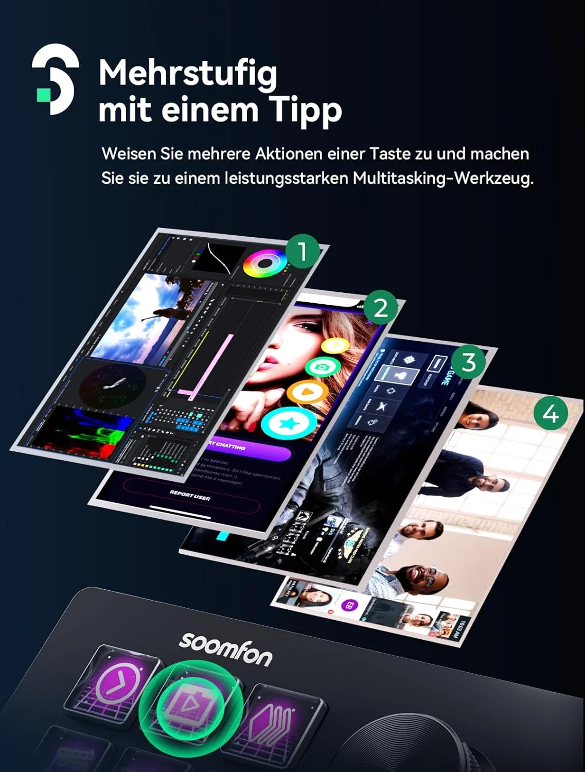 دک استریم کنترلر SOOMFON مدل SE مشکی، دارای 6 کلید ماکرو LCD و دکمه‌های چرخشی، فعال‌سازی عملکرد در نرم‌افزارهایی مانند OBS، Voicemod، Twitch، YouTube، مناسب برای استریمینگ و گیمینگ، سازگار با Mac و Windows