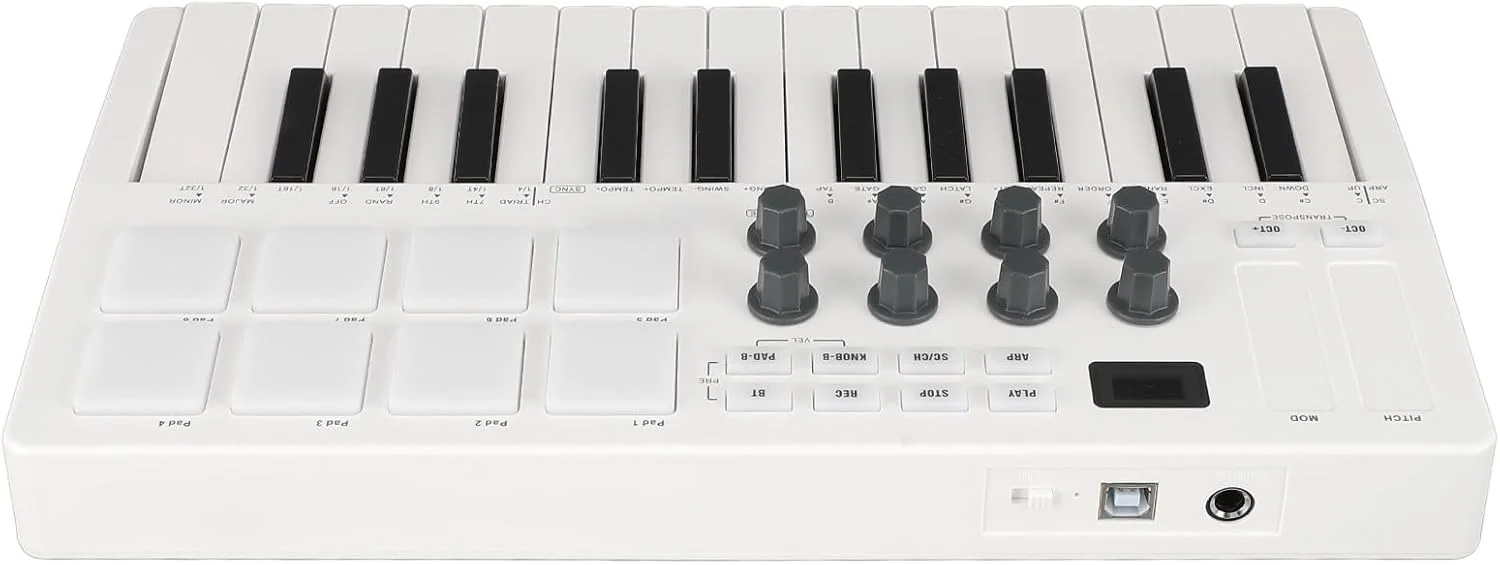 کنترلر MIDI، دارای 8 پد ریتم MPC و 25 کلید صفحه کلید MIDI برای استودیوی ضبط کنترلر MIDI، دارای 8 پد ریتم MPC و 25 کلید صفحه کلید MIDI برای استودیوی ضبط