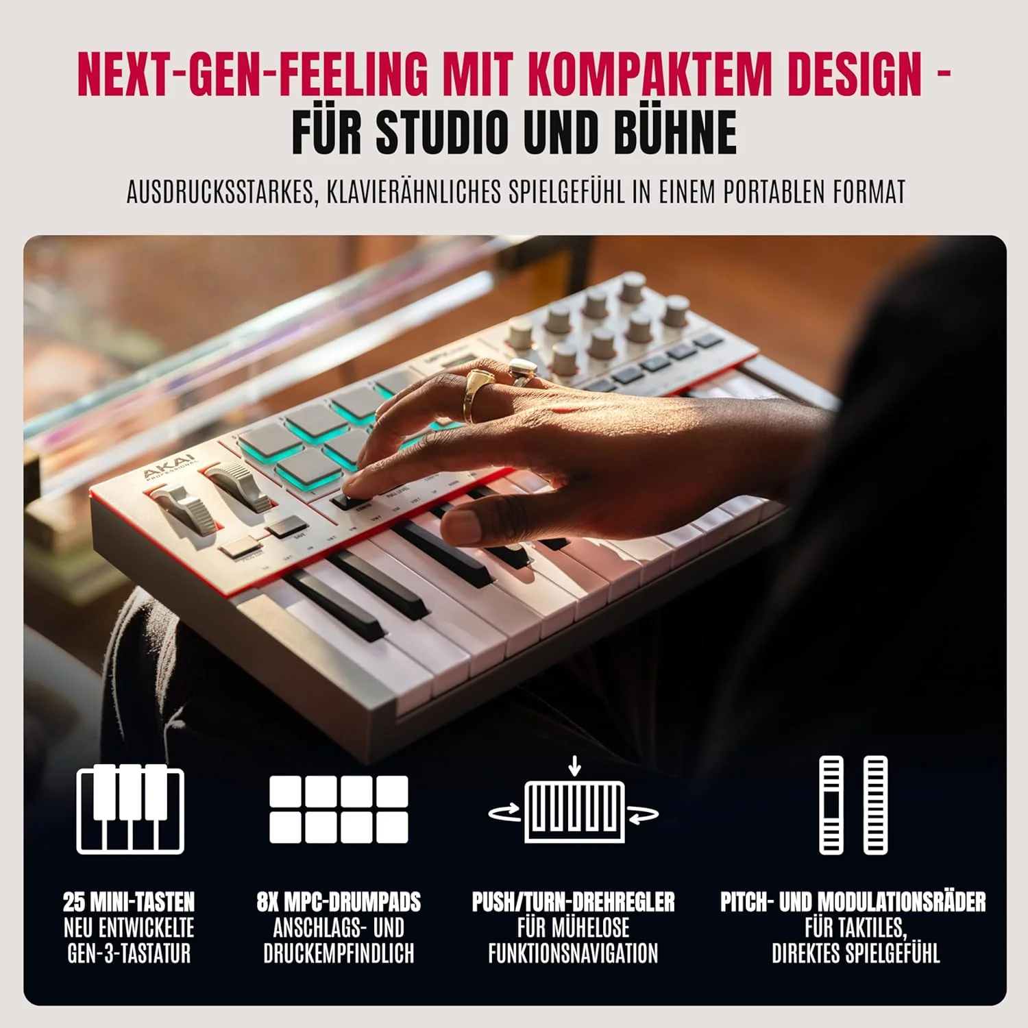 کنترلر کیبورد میدی USB-C آکای پروفشنال MPK Mini IV برای مبتدیان و تولیدکنندگان - پدهای درام MPC، چرخ‌های Pitch & Modulation، برنامه‌های آموزشی، نرم‌افزار تولید موسیقی با 1000+ صدا، خاکستری