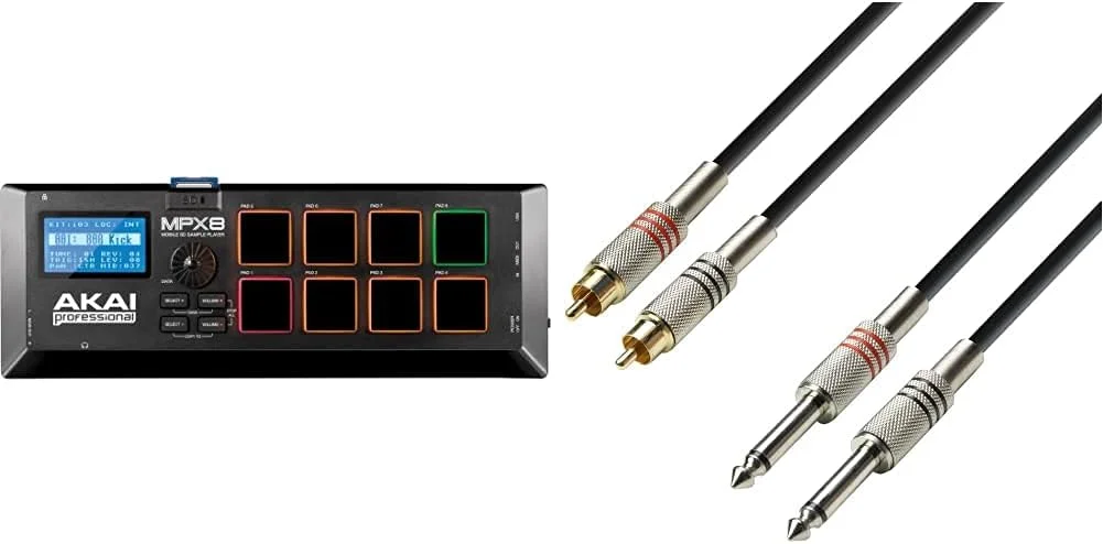 AKAI Professional MPX8 - کنترلر پد سمپل قابل حمل با 8 پد آماده اجرا و اسلات کارت SD داخلی و کابل صوتی Adam Hall Cables K3TPC0100 2 x RCA نر به 2 x 6.3mm TS مونو 1 متری