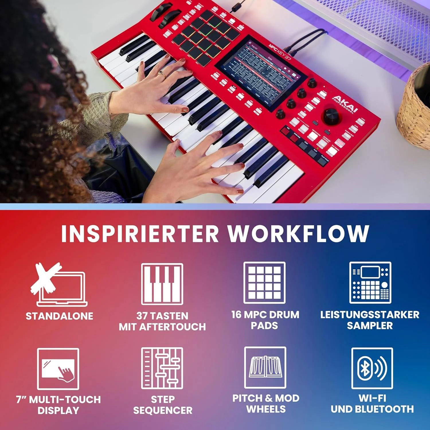 سینتی سایزر تولید مستقل Akai Professional MPC Key 37، ماشین درام، کیبورد MIDI، با Wi-Fi، بلوتوث، صفحه لمسی، پلاگین ها و ادغام Native Instruments سینتی سایزر تولید مستقل Akai Professional MPC Key 37، ماشین درام، کیبورد MIDI، با Wi-Fi، بلوتوث، صفحه لمسی، پلاگین ها و ادغام Native Instruments