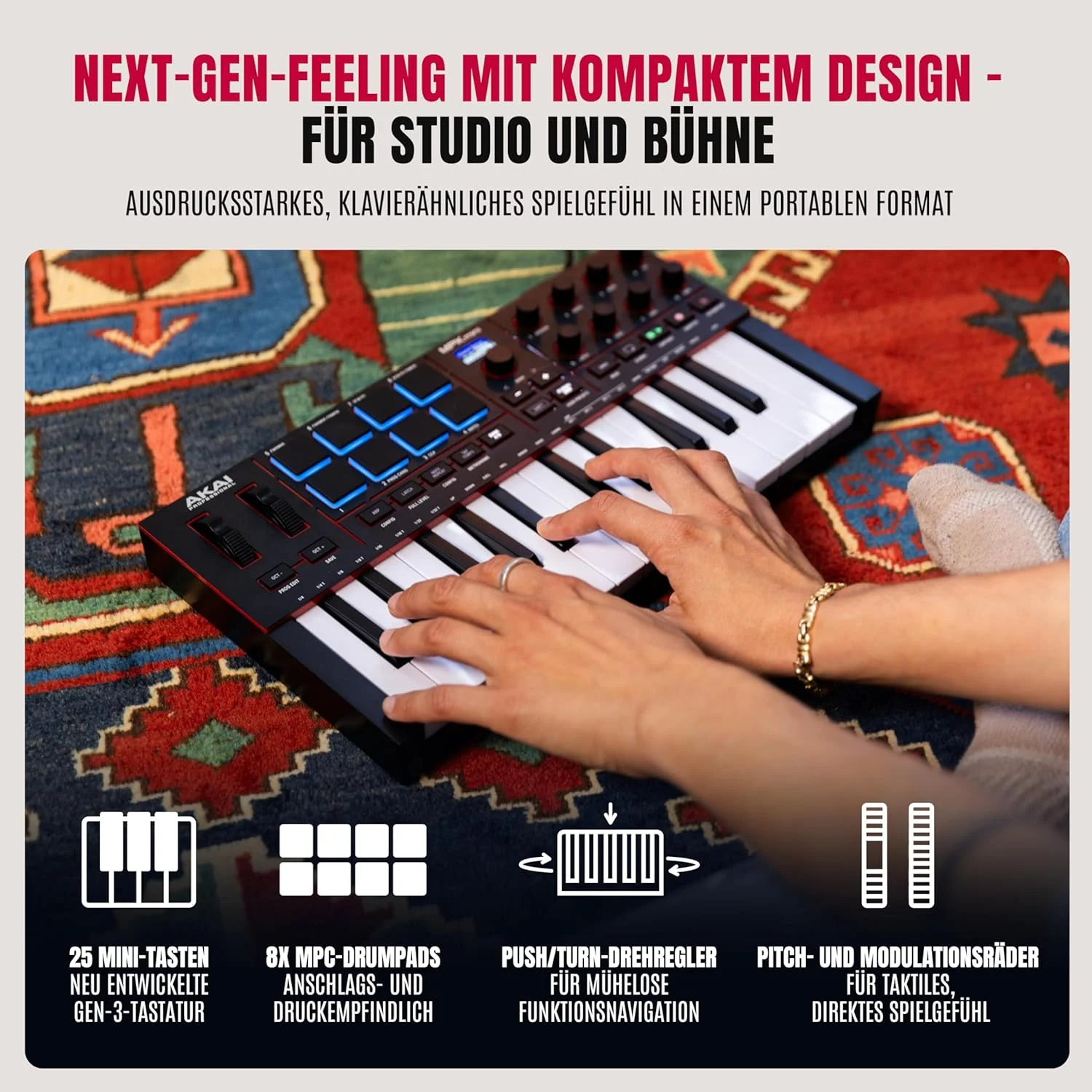 کنترلر کیبورد میدی USB-C آکای پروفشنال MPK Mini IV برای مبتدیان و تولیدکنندگان - پدهای درام MPC، چرخهای Pitch & Modulation، برنامههای آموزشی، نرمافزار تولید موسیقی با 1000+ صدا، مشکی کنترلر کیبورد میدی USB-C آکای پروفشنال MPK Mini IV برای مبتدیان و تولیدکنندگان - پدهای درام MPC، چرخهای Pitch & Modulation، برنامههای آموزشی، نرمافزار تولید موسیقی با 1000+ صدا، مشکی