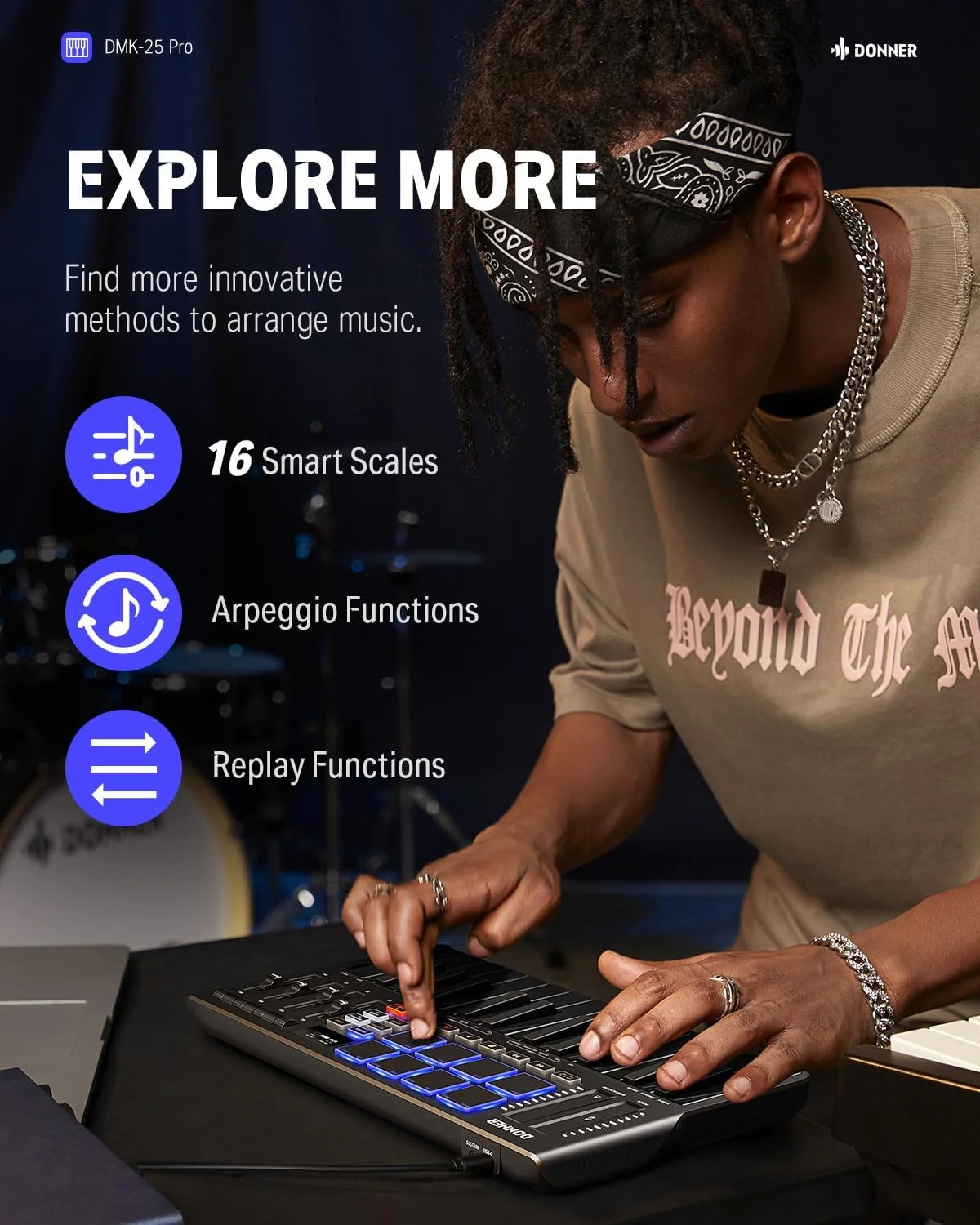 کنترلر میدی کیبورد Donner DMK-25 Pro، کیبورد میدی USB-C قابل حمل با 25 مینی کلید، 8 پد درام، نمایشگر OLED، نوار لمسی شخصی‌سازی‌شده، نرم‌افزار تولید موسیقی و 40 دوره آموزشی