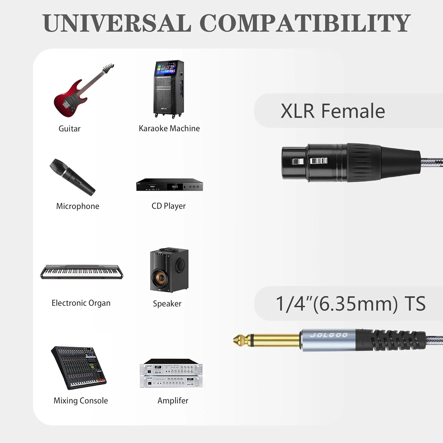 کابل XLR مادگی به 6.35 میلی‌متری مونو TS، کابل نامتعادل XLR مادگی به میکروفون با فیش TS 6.35 میلی‌متری، 5 متر