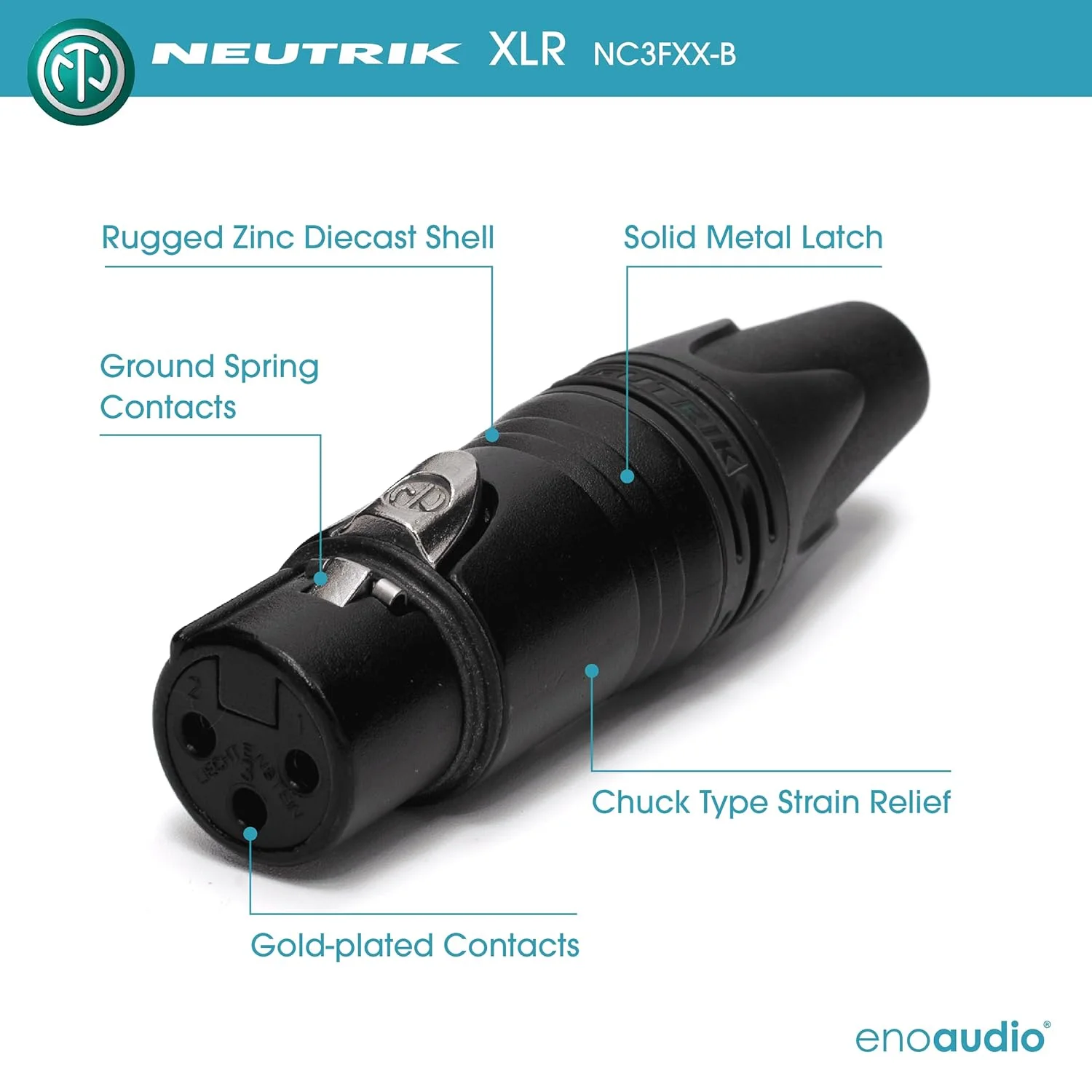 کابل میکروفون متعادل استودیویی حرفه ای چهارگانه enoaudio Mogami 2534 | XLR ماده طلایی Neutrik - XLR نر | HiFi، مشکی، 5.0 متر