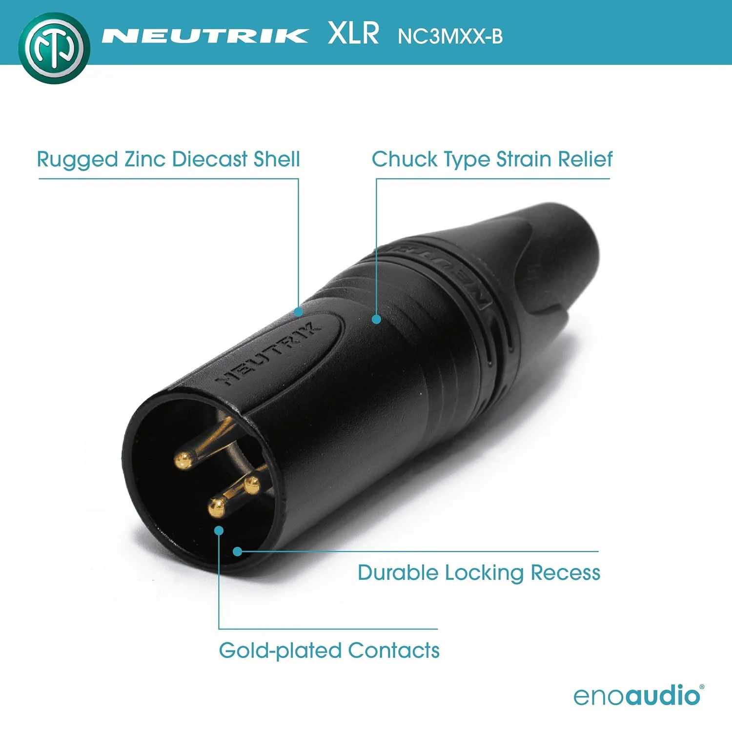 کابل میکروفون متعادل استودیویی حرفه ای چهارگانه enoaudio Mogami 2534 | XLR ماده طلایی Neutrik - XLR نر | HiFi، مشکی، 5.0 متر